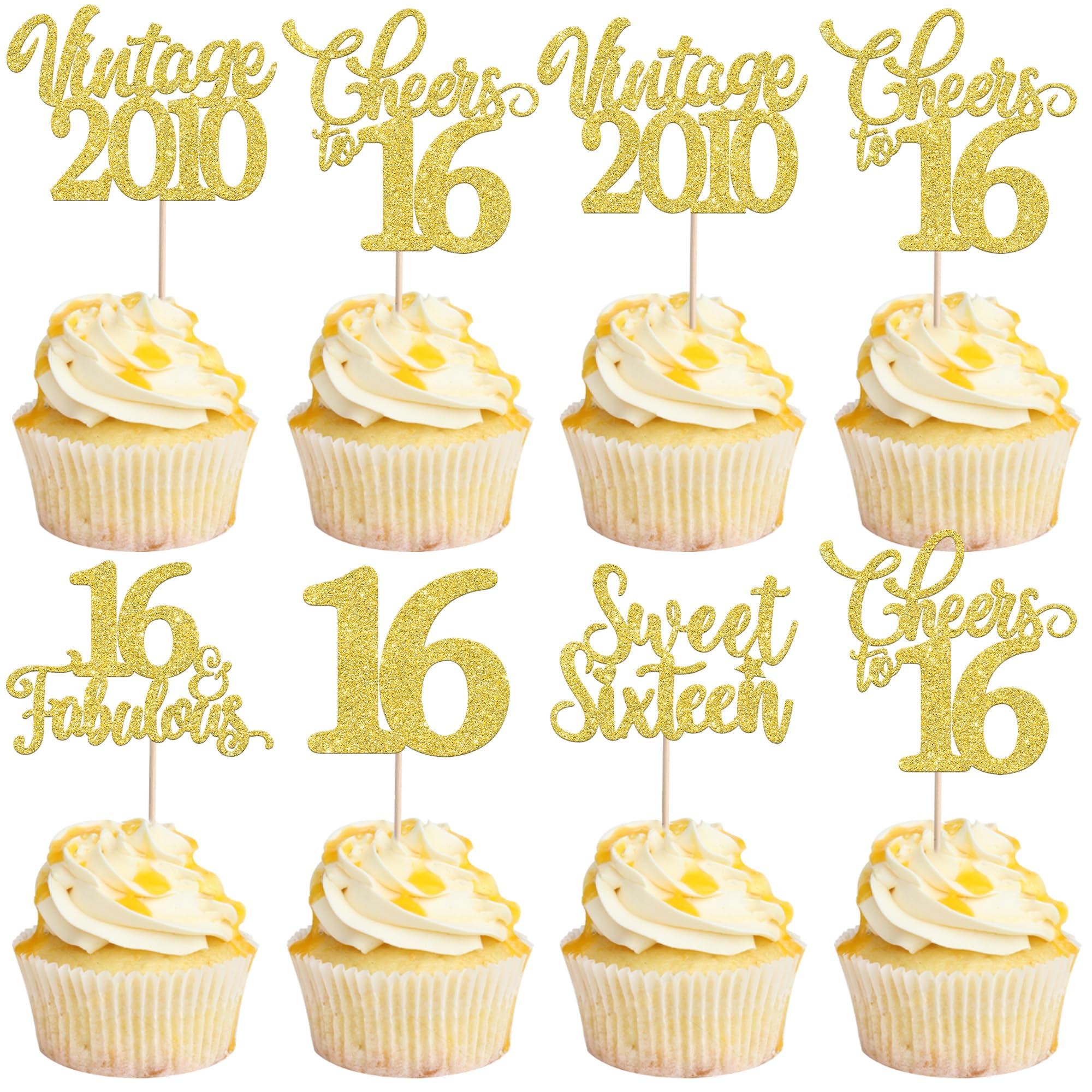 30 Stück Vintage 2010 Geburtstag Tortendeko Glitzer Sweet Sixteen Kuchen Deko Happy 16th Cucake Toppers für Prost auf 16 Jahre Geburtstag Jahrestag Party Kuchen Dekoration Gold