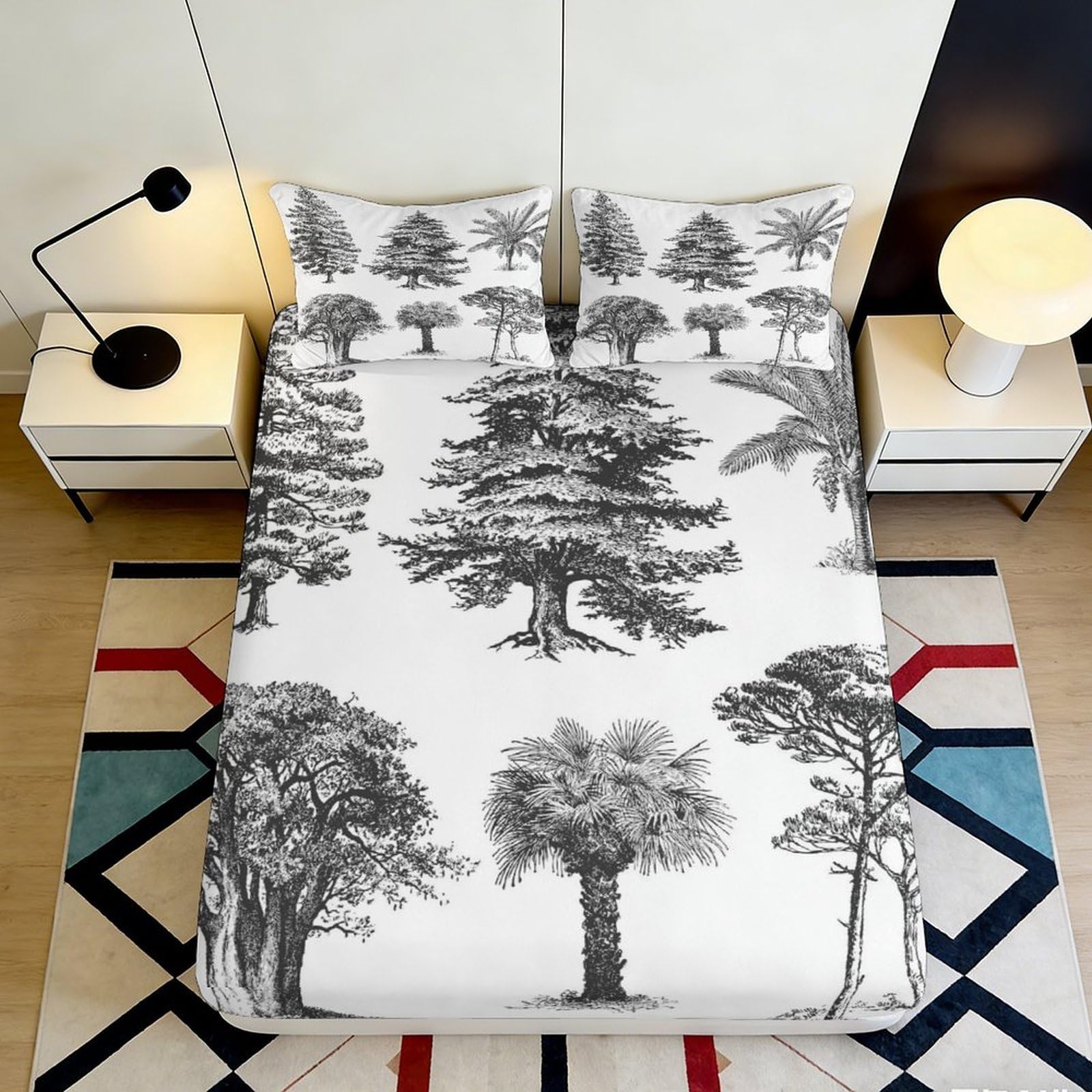 3D Printed Black White Tree Fitted Sheet Microfiber Soft Breathable Forest Mattress Cover Bedroom Decor 90x200x25cm