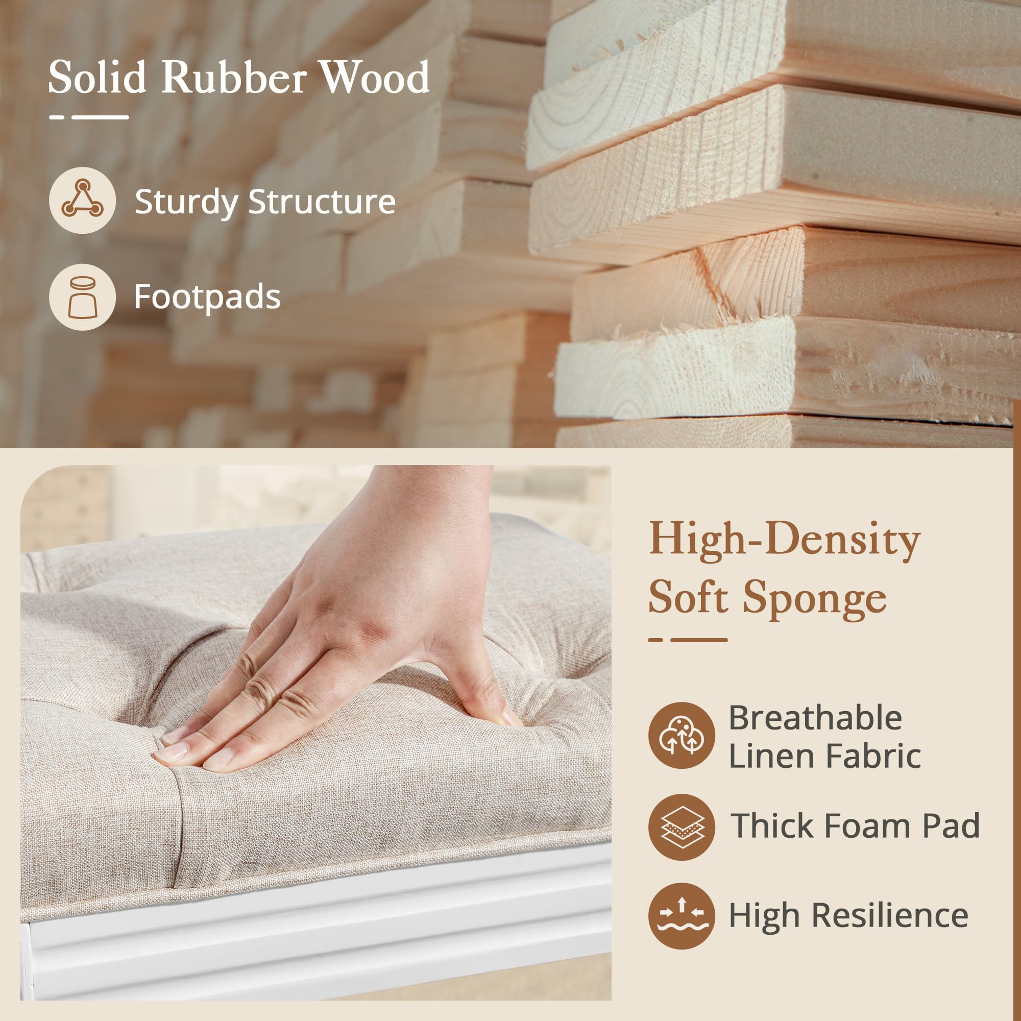 LUE BONA Upholstered Fabric Vanity Bench Seat, Makeup Stools for Vanity, Square Tufted Ottoman Bench with Carved Wood Color Legs for Bedroom Living Room, Beige: Linen and White