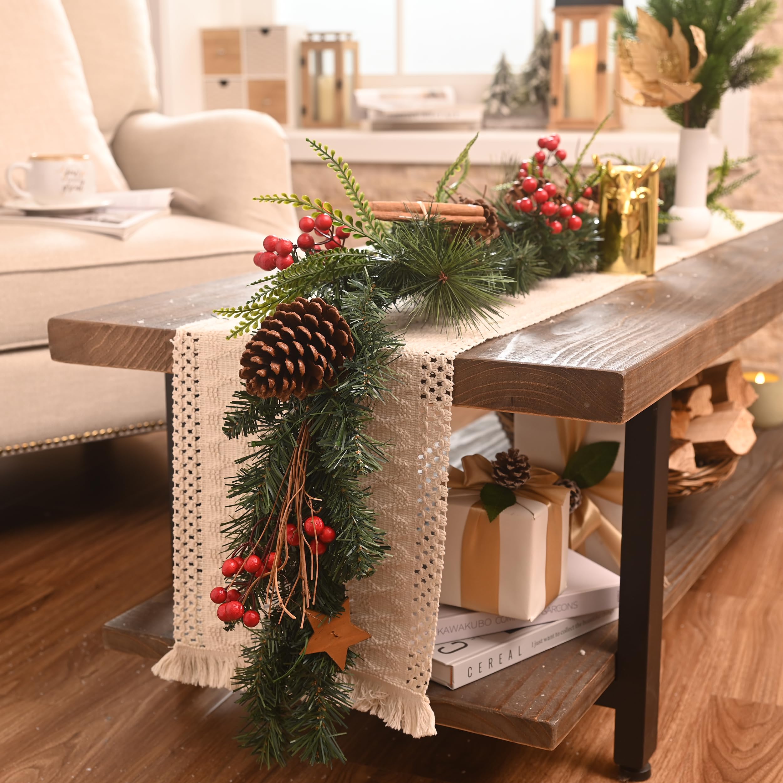 Valery Madelyn EG0202-0113 Guirlande de Noël en plastique avec 20 LED éclairées à piles - Décoration de Noël avec fonction minuterie - Guirlande d'étoiles en bois pour l'extérieur - Vert et rouge