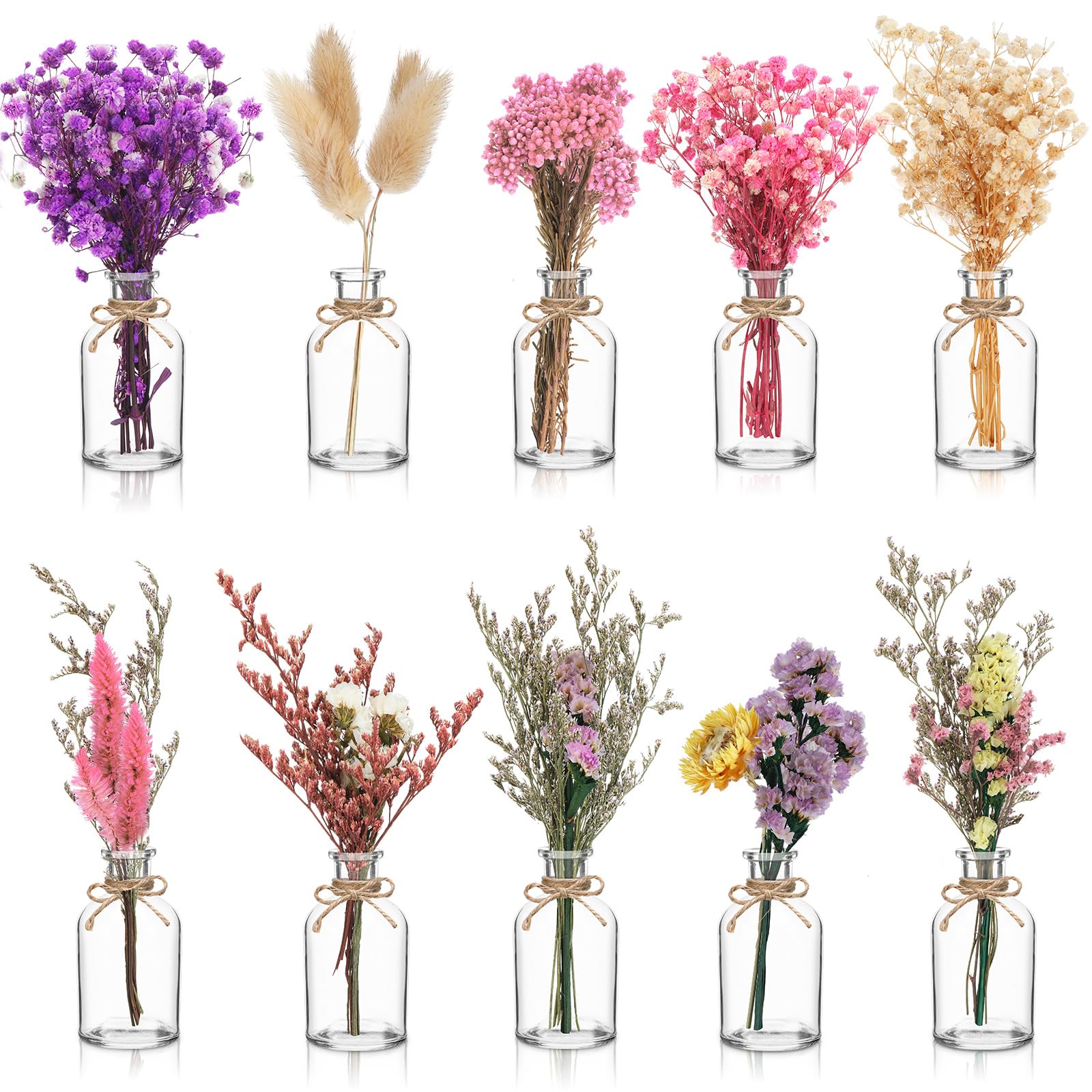 Nuanchu Set di 10 fiori secchi per vaso, centrotavola per matrimoni, 10 piccoli vasi in vetro, 10 bouquet di fiori secchi con corda per baby shower, decorazione rustica per feste nuziali in fattoria
