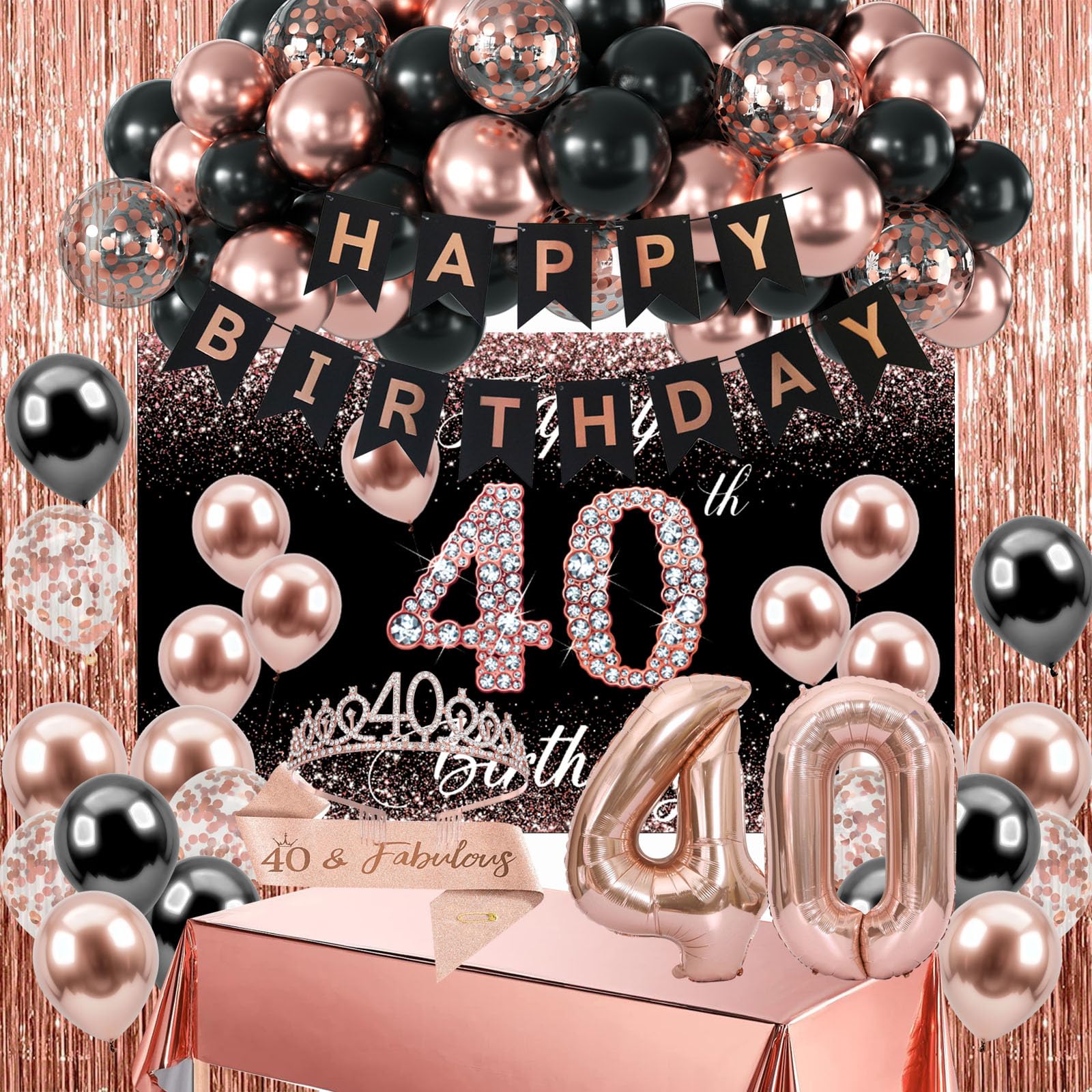 40th Birthday Decorations for Women, Happy Birthday Banner, Backdrop, Crown, Sash, Tablecloth, Balloons and Fringe Curtain, Black Rose Gold Birthday