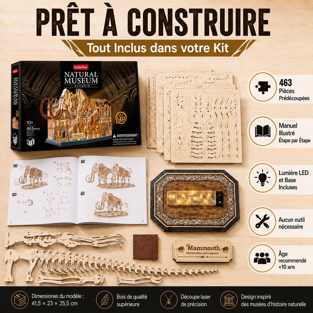 Puzzle 3D Bois Mammouth Museum LED | Puzzle 3D Squelette Préhistorique à Construire avec Lumière | Maquette en Bois DIY 464 Pièces | Construction Adulte et Enfant | Casse-Tête 3D Décoratif