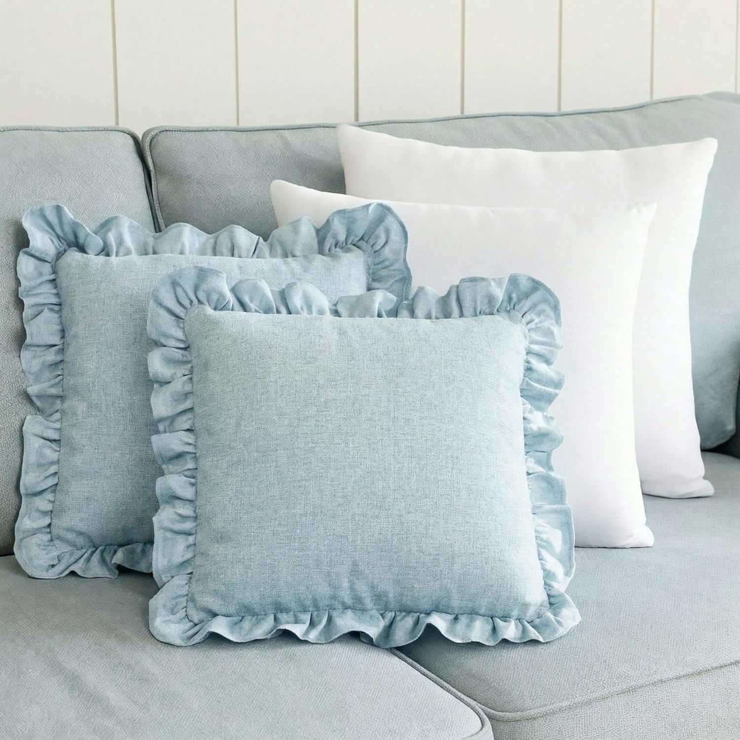 Set of 2 Light Blue Ruffle Throw Pillows with Inserts Decorative Linen Zippered Pillows 18 x 18 Inch Include Detachable Pillowcase and Non Woven Fabric Inserts for Cushion Bed Couch Sofa