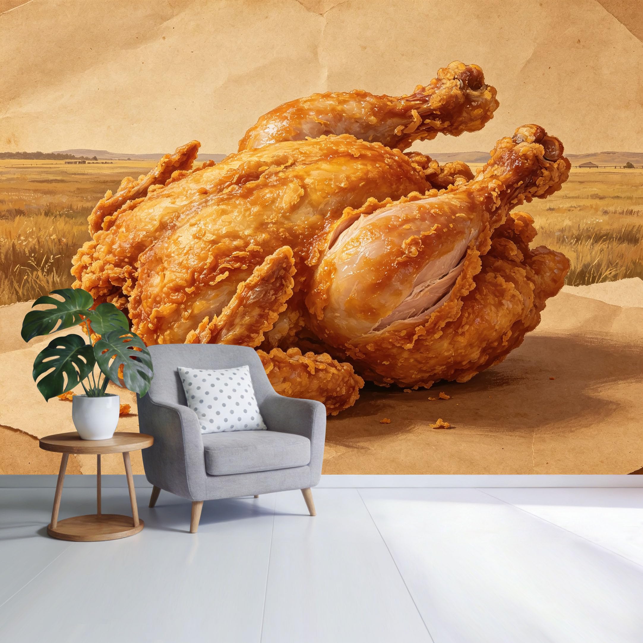 Custom Size Wall Mural Golden Fried Chicken Still Life Rustic Farmhouse Food Art Oil Painting Style SelfAdhesive Wall Fabric Removable Wallpaper for Home Office Decor