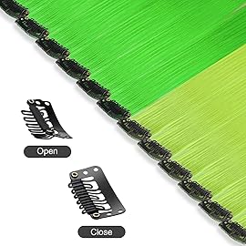 FESHFEN Colored Clip in Hair Extensions - 12 PCS Green and Yellow Highlighted Hair Piece Straight Synthetic Clip in Hairpieces for Women 22 inch