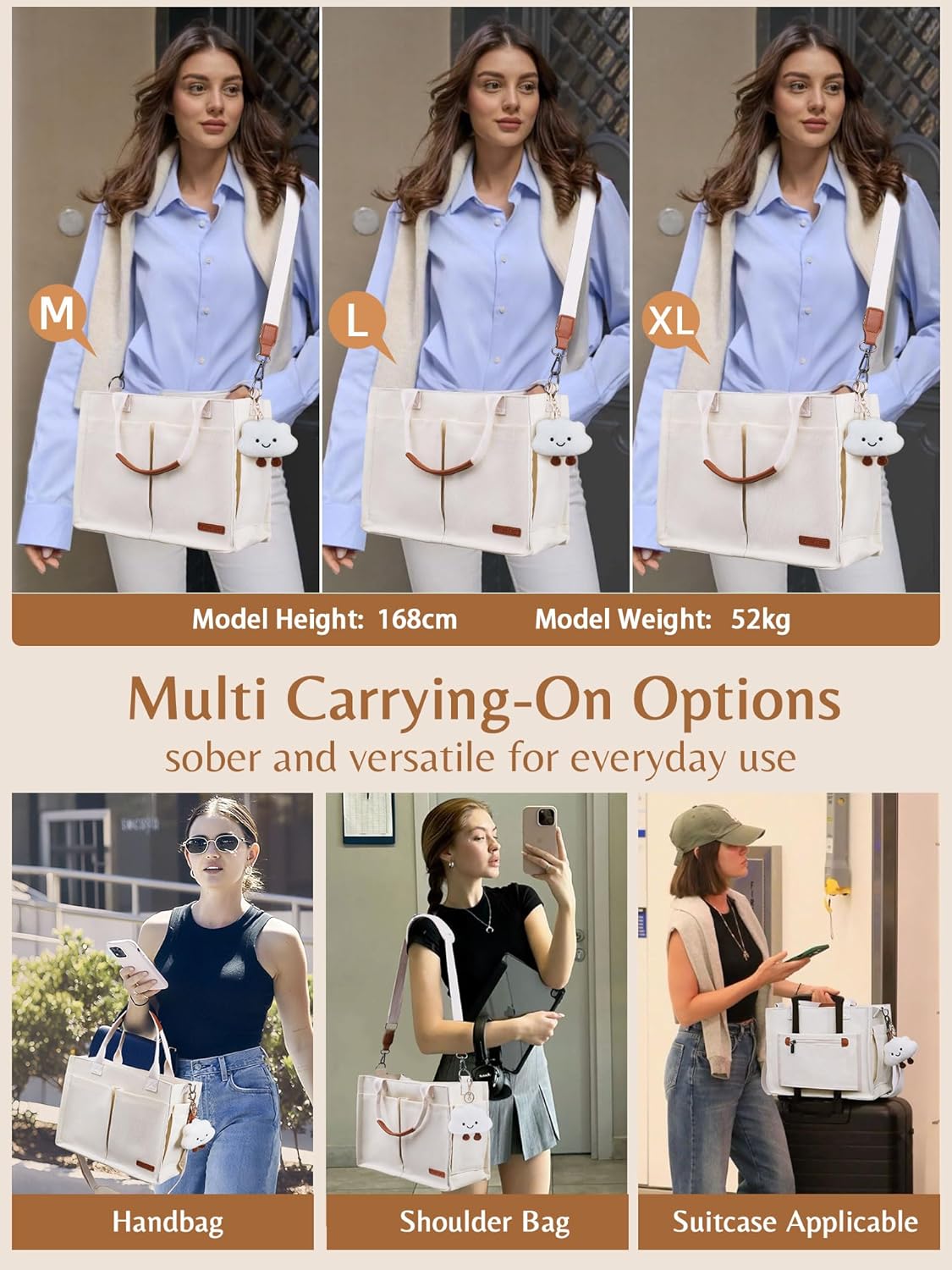 BESBESME Canvas Tote Bag for Women with Zipper & Compartments– Large Work & College Laptop Tote Crossbody Shoulder Bag - Image 5