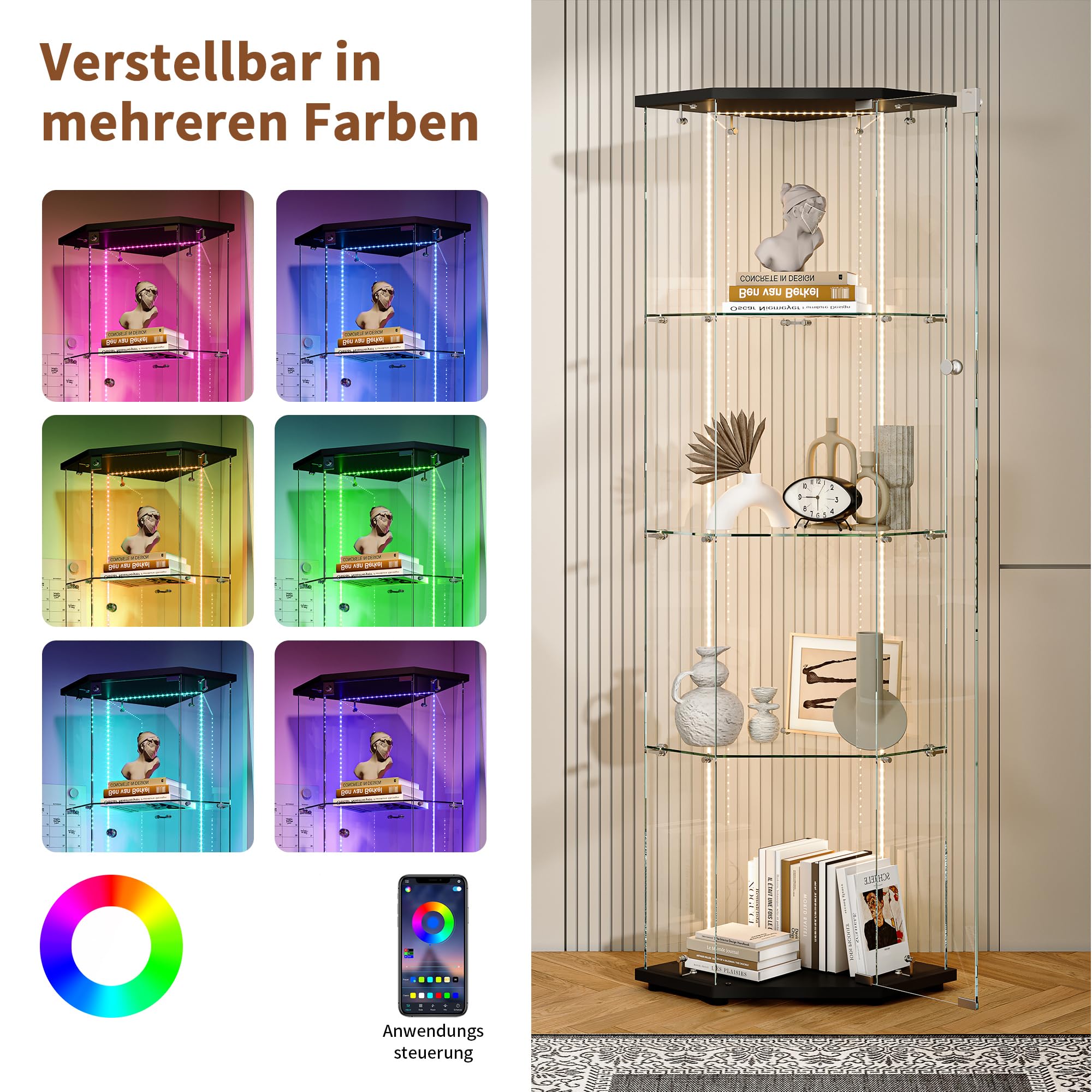 DADEA Vitrine d'angle salon avec verre, vitrine en verre, 4 étagères avec lumières LED et serrure, vitrines d'exposition en verre, colonne d'exposition pour collectionneur, salon, magasin