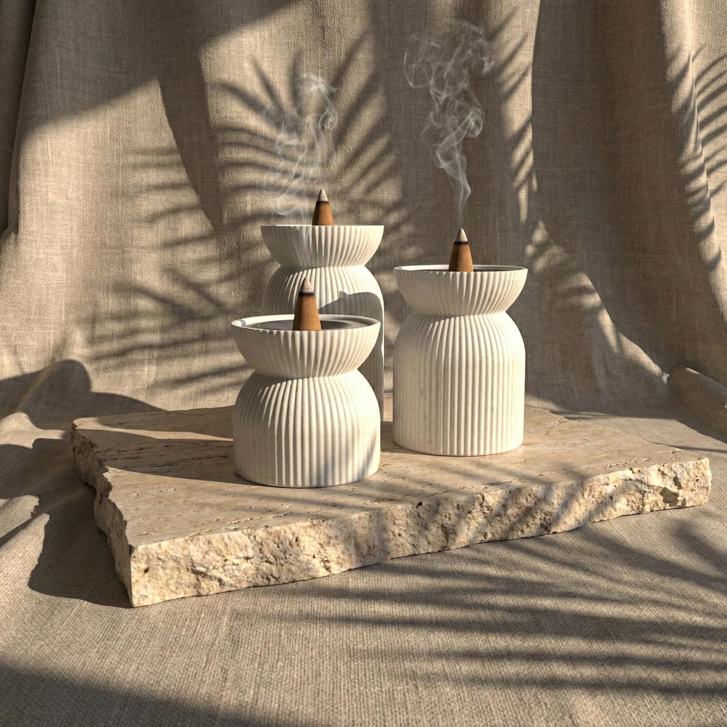 Set of 3 White Cone Incense Burners with Ash Catcher – Modern Mabkhara Style Decorative Tabletop Incense Holders, Stone-Based Home Decor for Meditation & Ramadan, 4.7 x 2.9 in Each