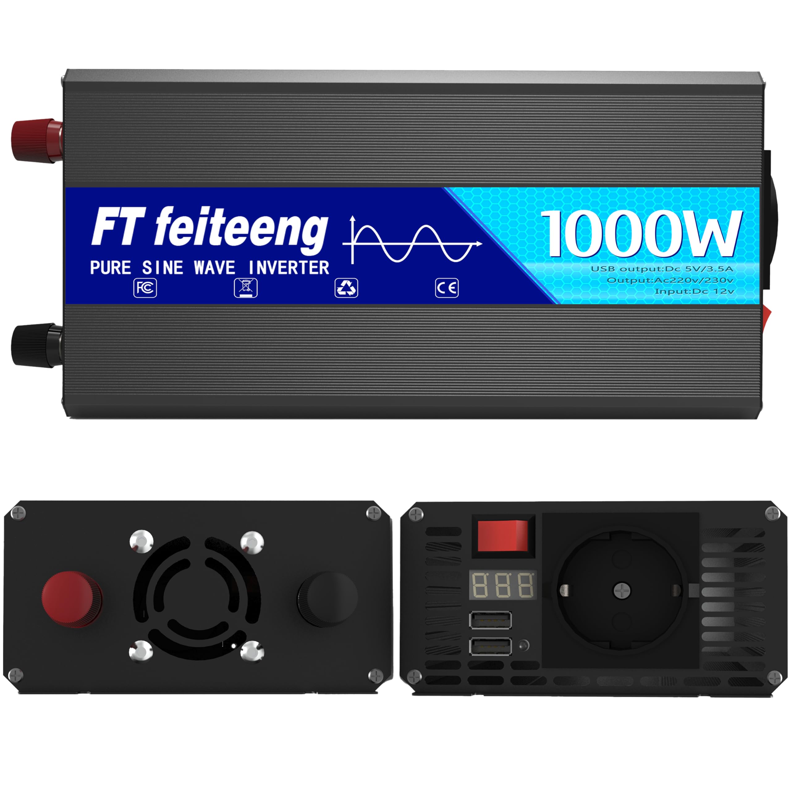 1000W inverter 12v 220v onda pura con 1 presa UE e 2 caricatori USB trasformatore 12v 220v di corrente 2000 W (picco) per auto, roulotte, barche, campeggio