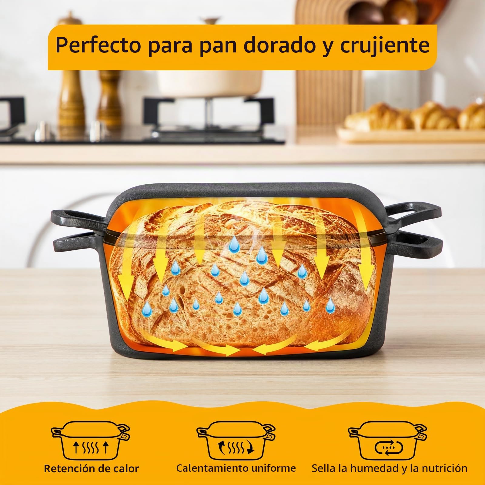Velaze Olla de Hierro Fundido para Pan 3.4L - Cacerola Holandesa Rectangular 27x15 cm con Tapa, Interior Cremoso Antiadherente - Adecuada para Inducción (Negro)