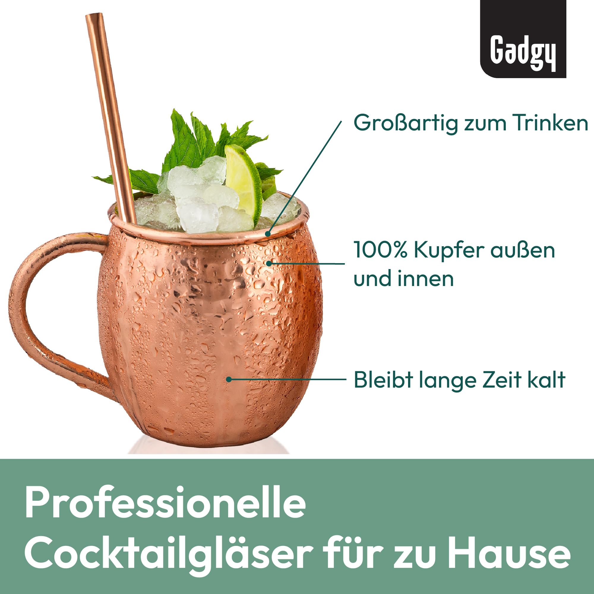Gadgy Moscow Mule Becher Set – 4 Kupferbecher handgemacht – Cocktailbecher Set mit 4 Strohhalmen & Barmaß – 100% Kupfer – Geschenkset für Cocktail Liebhaber