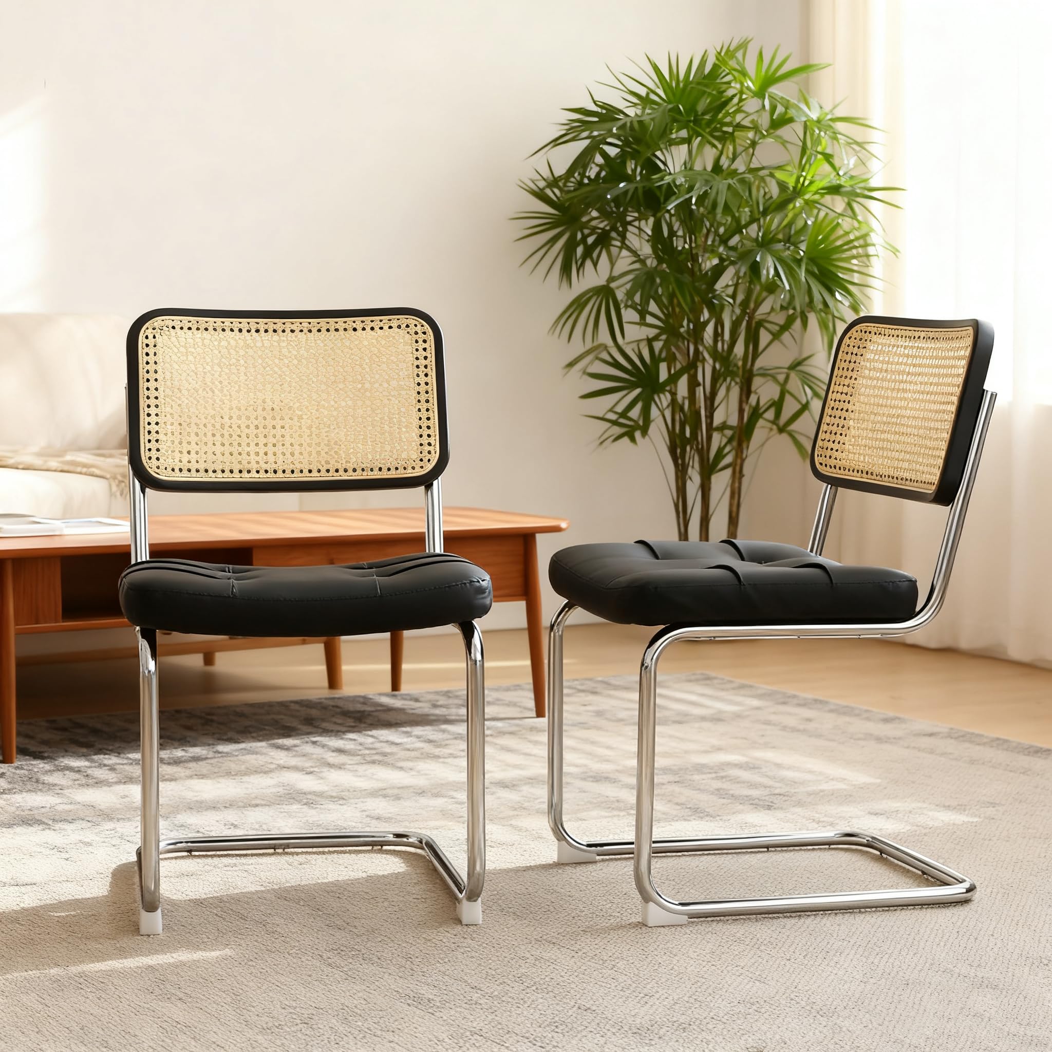 Esszimmerstühle 4er Set, Kragstuhl mit Rattan-Rückenlehne & PU-Leder, gepolsterter Freischwinger für Esszimmer Küche, Chromgestell, Mid-Century Design, Schwarz