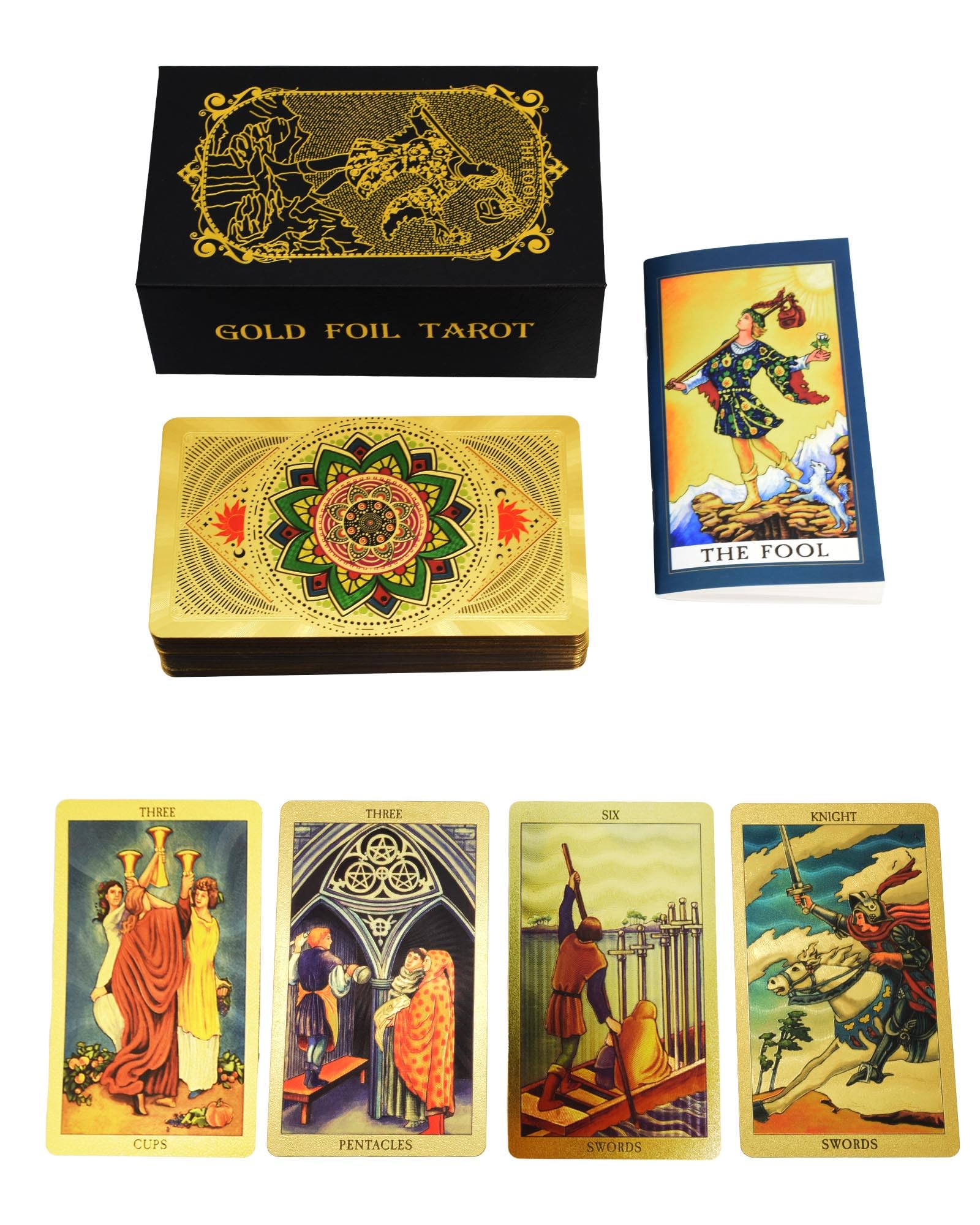78 pieces of English gold foil tarot cards, with 36 pages of English guide, PVC, waterproof and wrinkle-proof, suitable for tarot lovers or collectors (Golden Lotus)