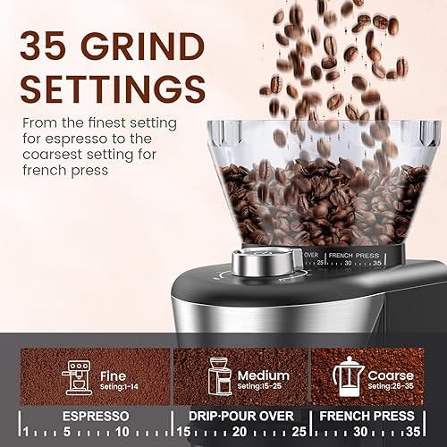 Miniatura 2 de Molinillo de café automático, molinillo eléctrico de un solo toque con 35 ajustes de molienda para goteo, expreso, vertido y coldBrew, selección de