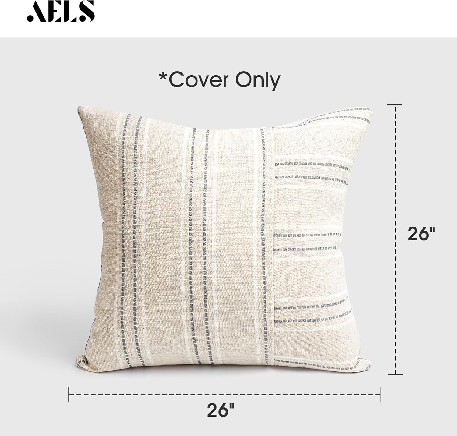 AELS 26x26 Decorative Farmhouse Linen Throw Pillow Covers, Boho Textured Pillow Case, Set of 2, Beige with White & Gray Stripe Patchwork Cushion Cover for Sofa Couch Living Room (Cover ONLY) - Image 2