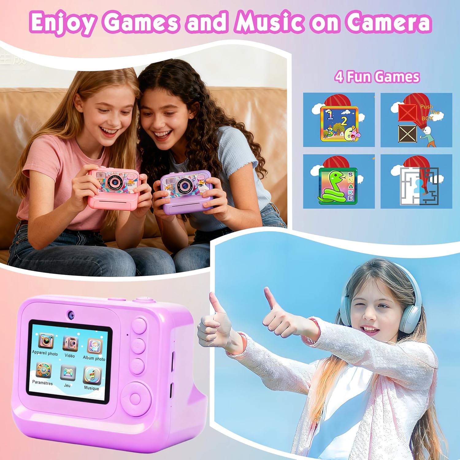 Kids Camera, Upgrade Kids Camera Instant Print, Front Rear Dual Selfie Digital CAM with 1080P Videos, Portable Travel Toy with Games and Music, Christmas Birthday Gift for Boys, Girls and Teens