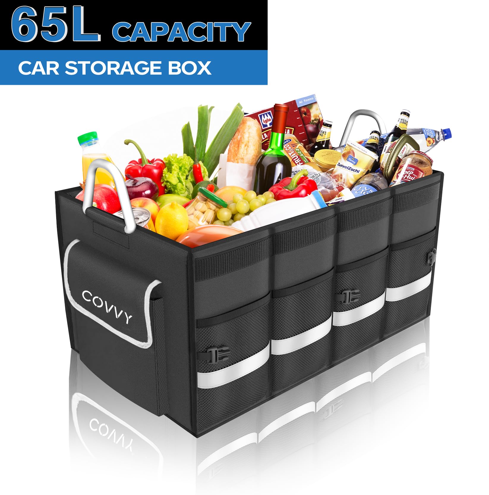 Organiseur de coffre de voiture pliable 65 L | Poche à rabat, Poches latérales, Poignée solide, Fond antidérapant, Multi-compartiments pour petite voiture et SUV