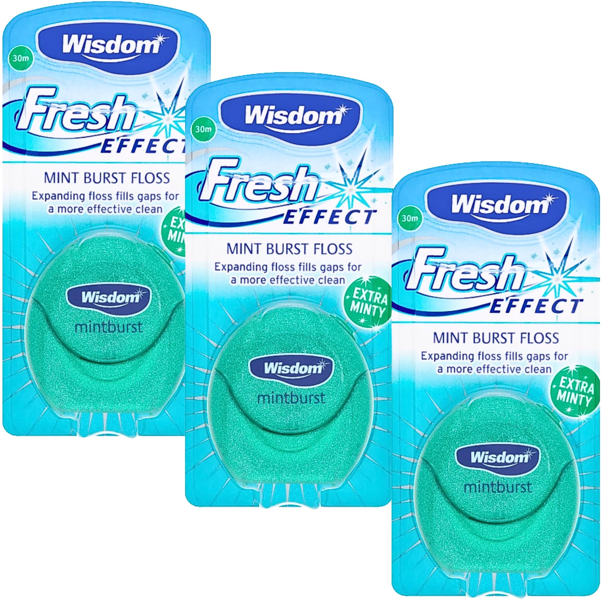 Wisdom Fresh Effect Dental Floss - Pack of 3 x 30m | Mint Flavoured Expanding Waxed Floss for Plaque Removal & Gum Health | Shred-Resistant Teeth Cleaning Floss for Tight Spaces