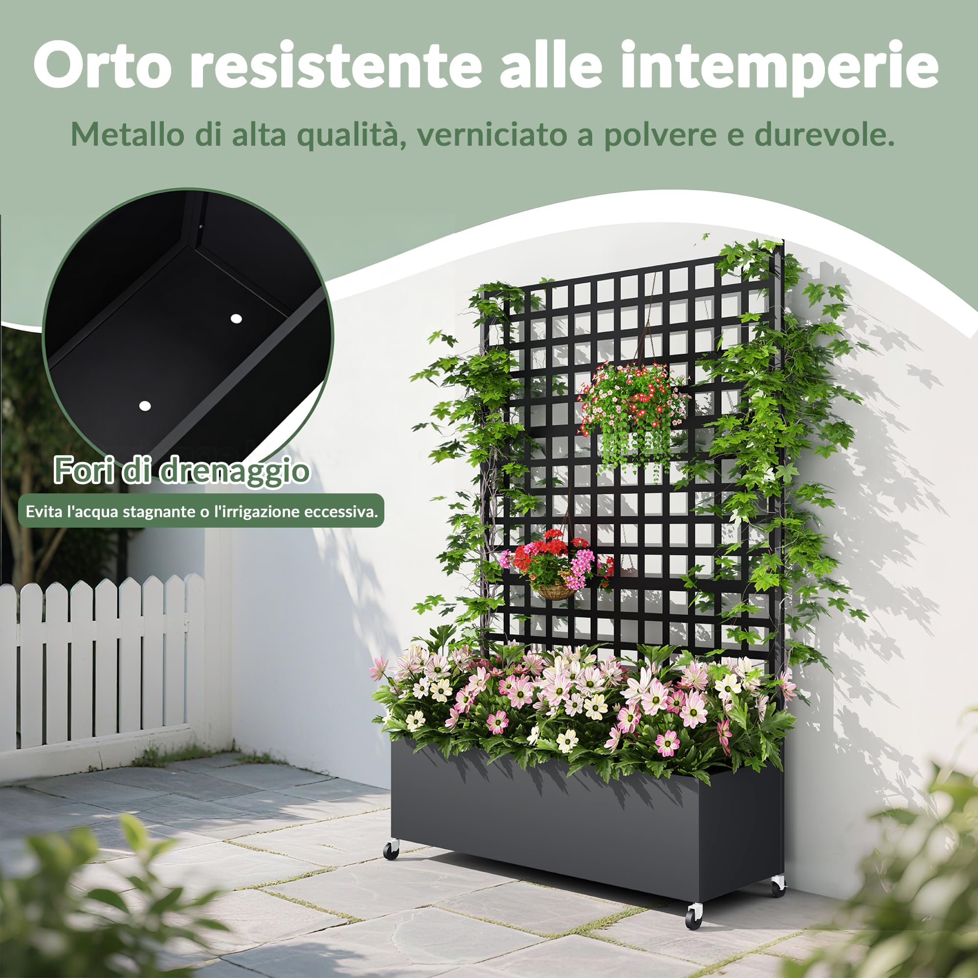 Vaso rialzato metallico 33 cm con schermo privacy, traliccio rampicante e ruote, antiruggine resistente intemperie, autoportante per fiori pomodori piante rampicanti (2 Pezzi)