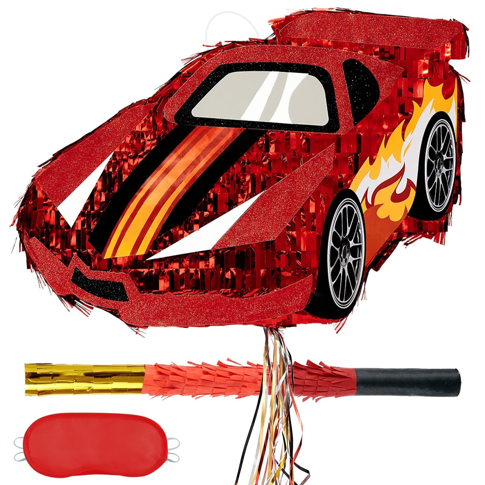 WERNNSAI Racing Car Pinata - Ren Piñata Decoration Birthday Boy Kids Racing Car Piñata with Stick Blindfold Red Racing Car Birthday Party Decoration Glittering Hen Night Games — image 1