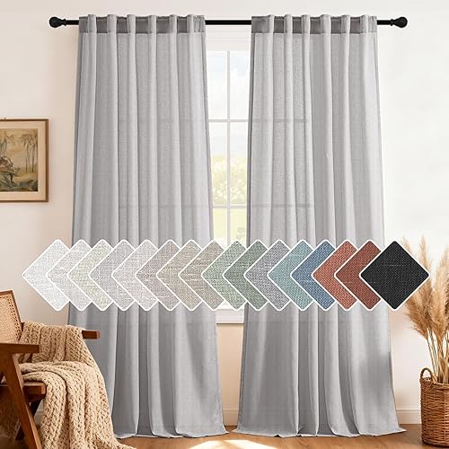 H.VERSAILTEX Natural Linen Curtains 96 inches Long for Living Room 2 Panels Back Tab Loop Pocket Textured Light Filtering Semi Sheer Rustic Farmhouse Boho Curtain for Bedroom, Dove