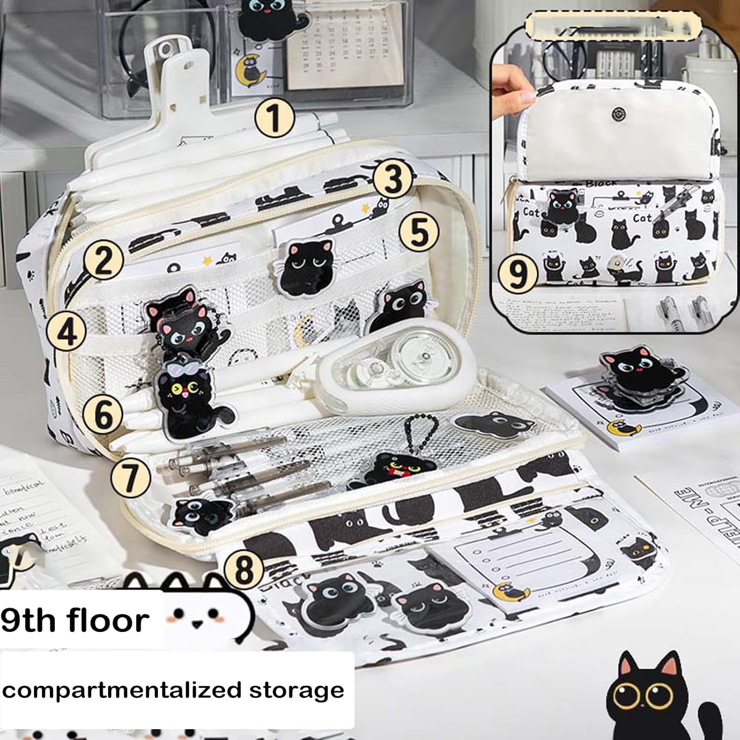 Cute Cat Black Pencil Case Set with Cat Plush Keychian,Gel Pens, Stickers, Mini Notebook, Kawaii Style Gift. (Cat-01) image 3