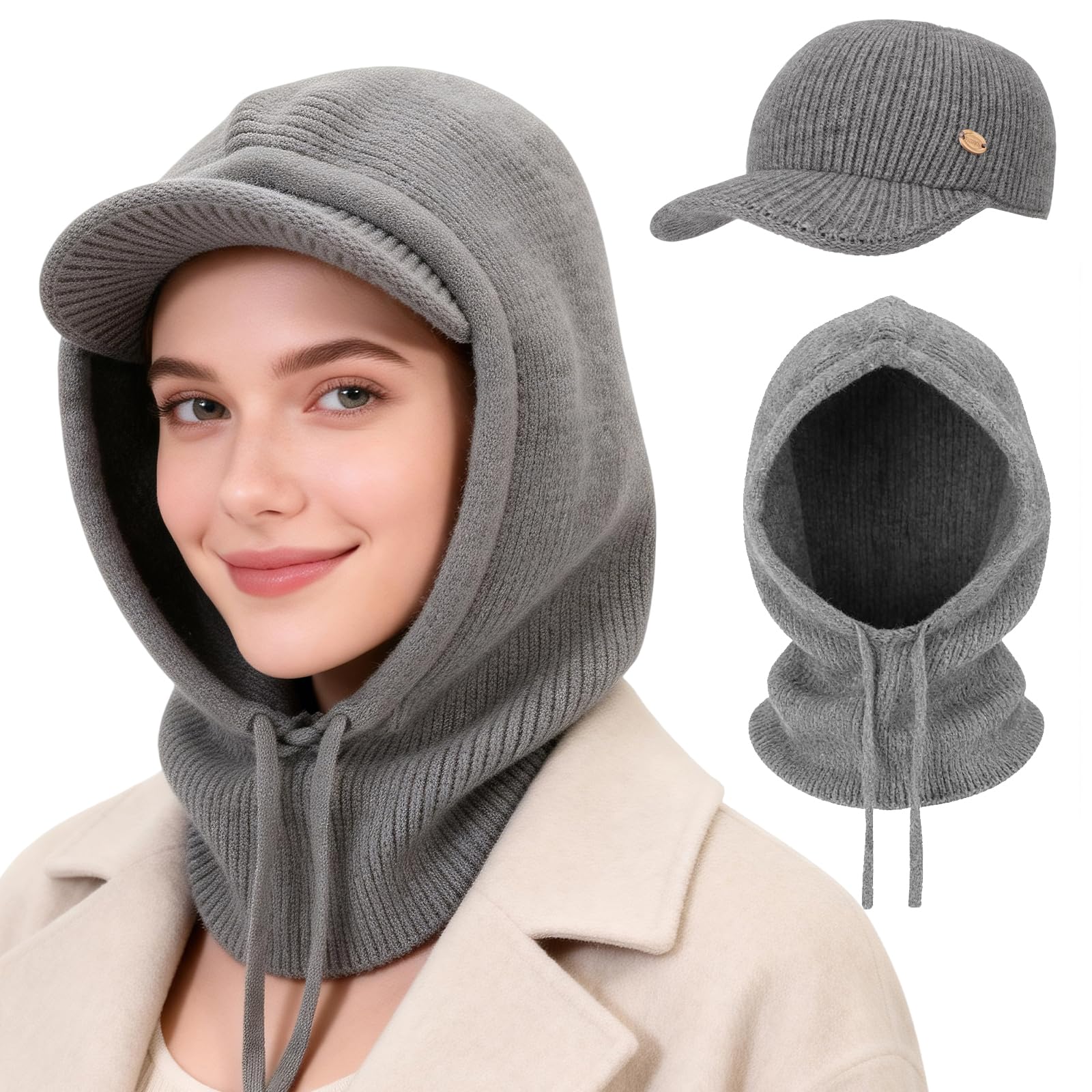 Mujer Invierno Gorro de Punto y Bufanda con Capucha, 2 en 1 Térmicos Prueba de Viento Ajustable Pasamontañas, Moda Gorro con Visera Calentador de Cuello para Deportes al aire libre Diario Correr