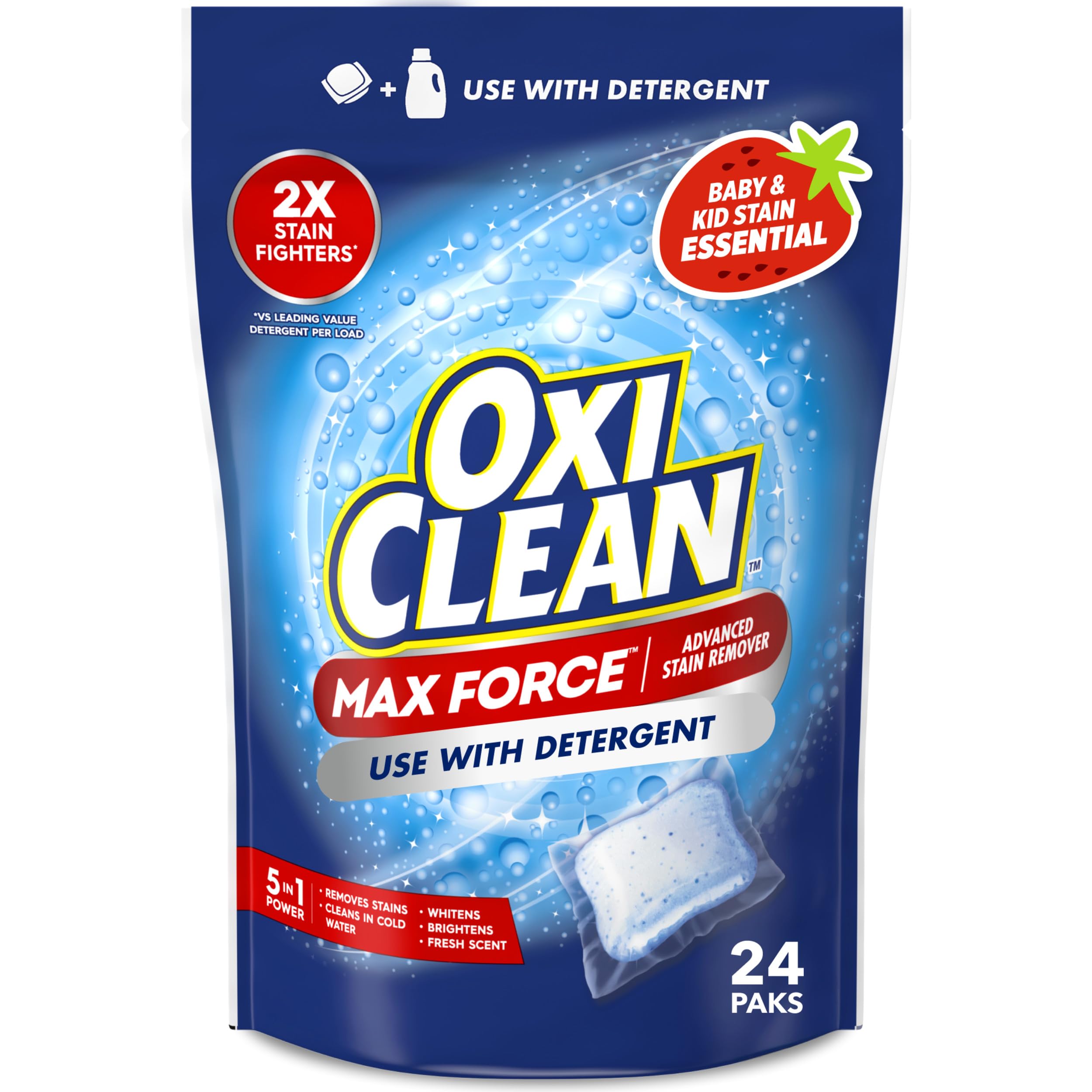 OxiClean Max Force Advanced Stain Remover Power Paks, Color-Safe, Bleach-Free Kids and Baby Essential, Use with Detergent to Remove Messy Stains like