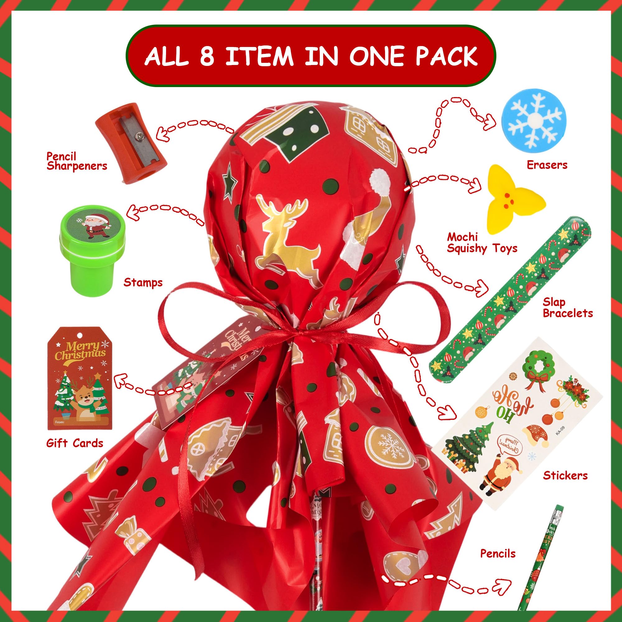 Confezione da 24 forniture per feste di Natale, regali di ritorno per studenti di cancelleria da insegnante lecca-lecca gigante con biglietti regalo, matite, gomme, temperamatite per scambio