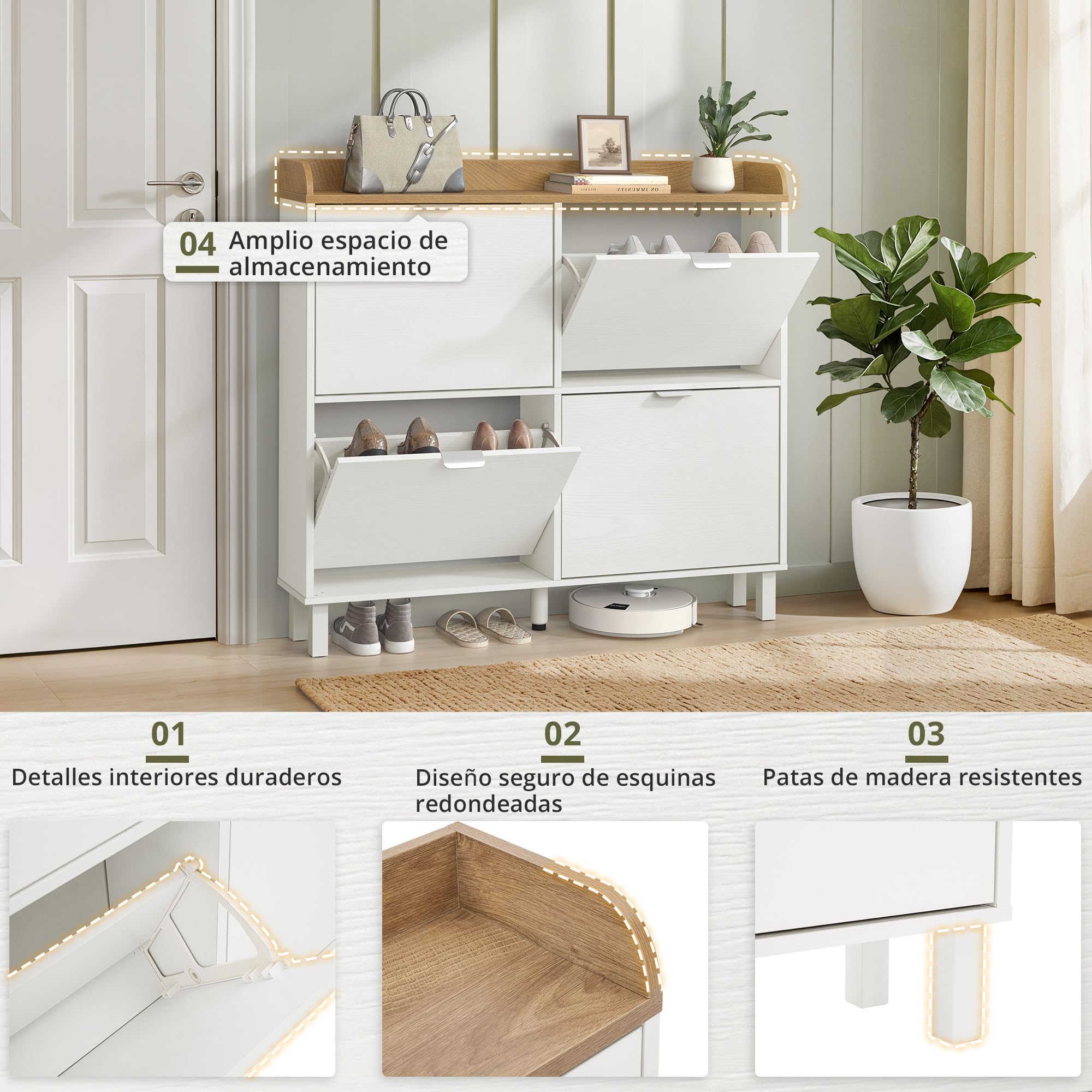 LUE BONA Zapatero, Zapatero Estrecho con 4 Tapas Abatibles, Gabinete Abatible con Base de Madera, Gabinete Cerrado Adecuado para Entrada y Pasillo 100x19x91.5 cm, Blanco.