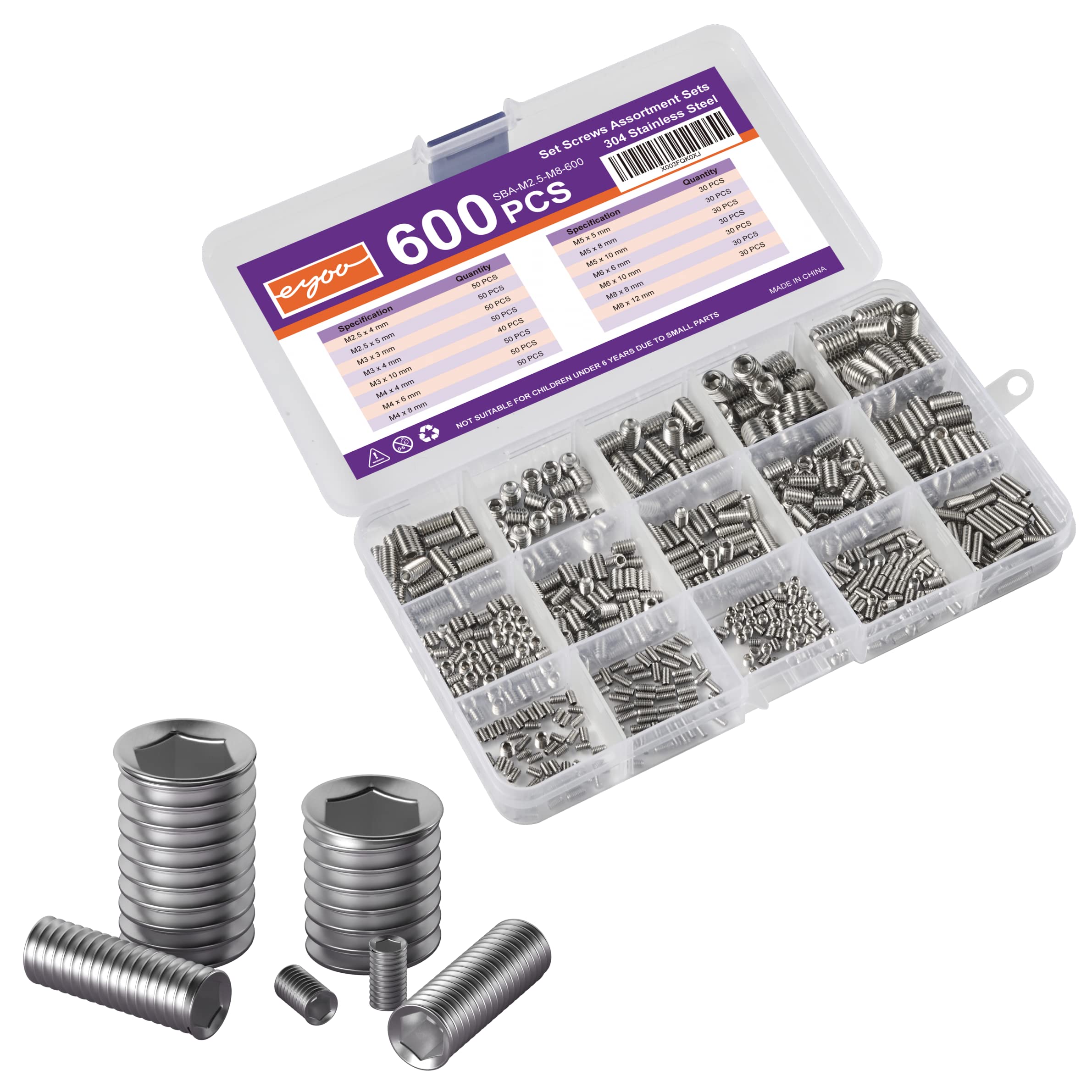 eyoo 600 PCS M2.5,M3,M4,M5,M6,M8 Stainless Steel Set Screw Combination kit, 304 Stainless Steel, Including 15 Most Common Sizes.