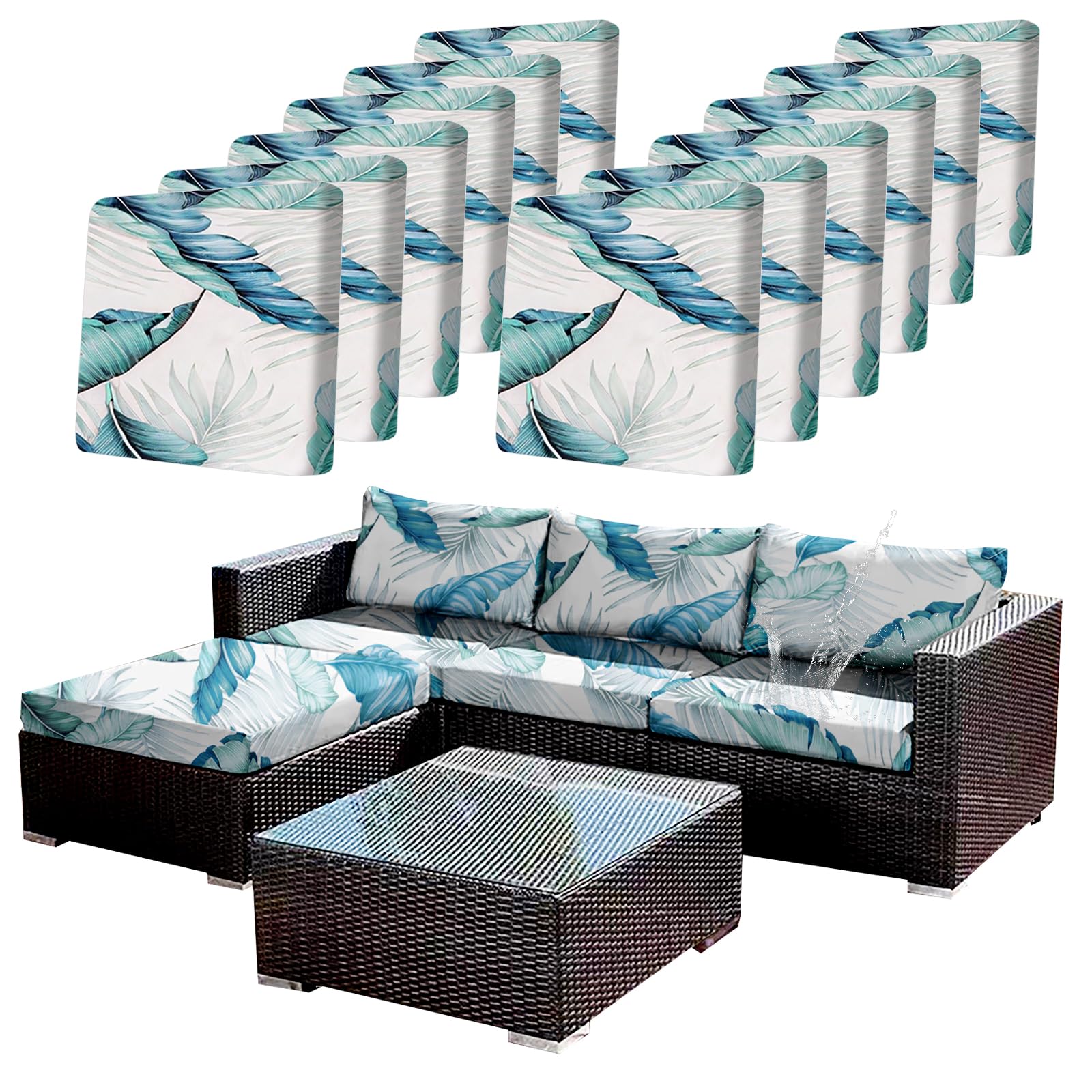 CALBODE 12Pcs Stretch Patio Cushion Covers Outdoor Couch Cover Replacement,Outdoor Sofa Covers for Patio Couch,Washable Furniture Cover (Tropical