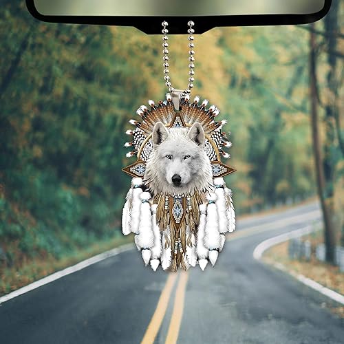 Miniatura 3 de Talataca Atrapasueños Nativo Americano Indígena Lobo Blanco 2D Plano Accesorios para Espejo Retrovisor de Coche Adorno de Árbol de Navidad