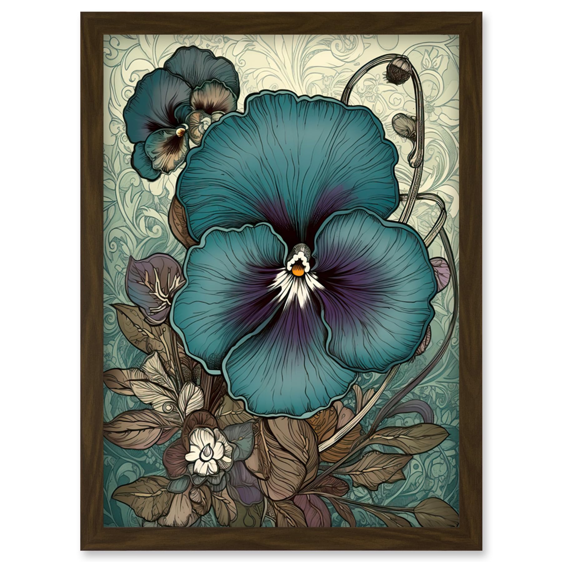 Artery8 Blue and Purple Pansy Flower and Floral Patterns Artwork Framed Wall Art Print A4
