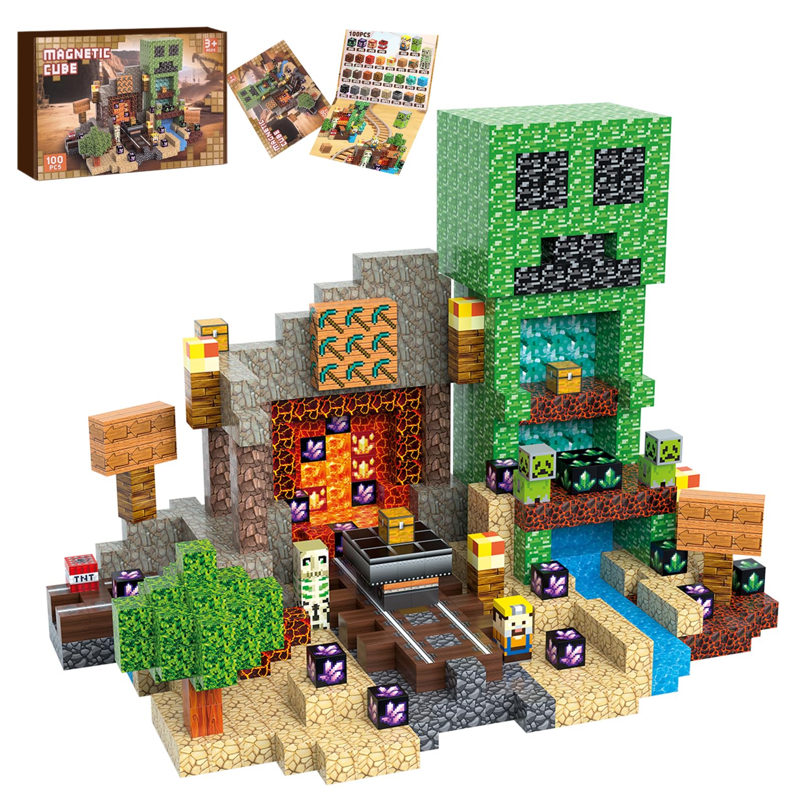 MEDMHSMA Magnetische Bausteine 100 Teile Baue Diamant Mines Welt Magnet Spielzeug Kinder ab 3 Jahre Magnetblöcke Sets Geschenk für Jungen und Mädchen