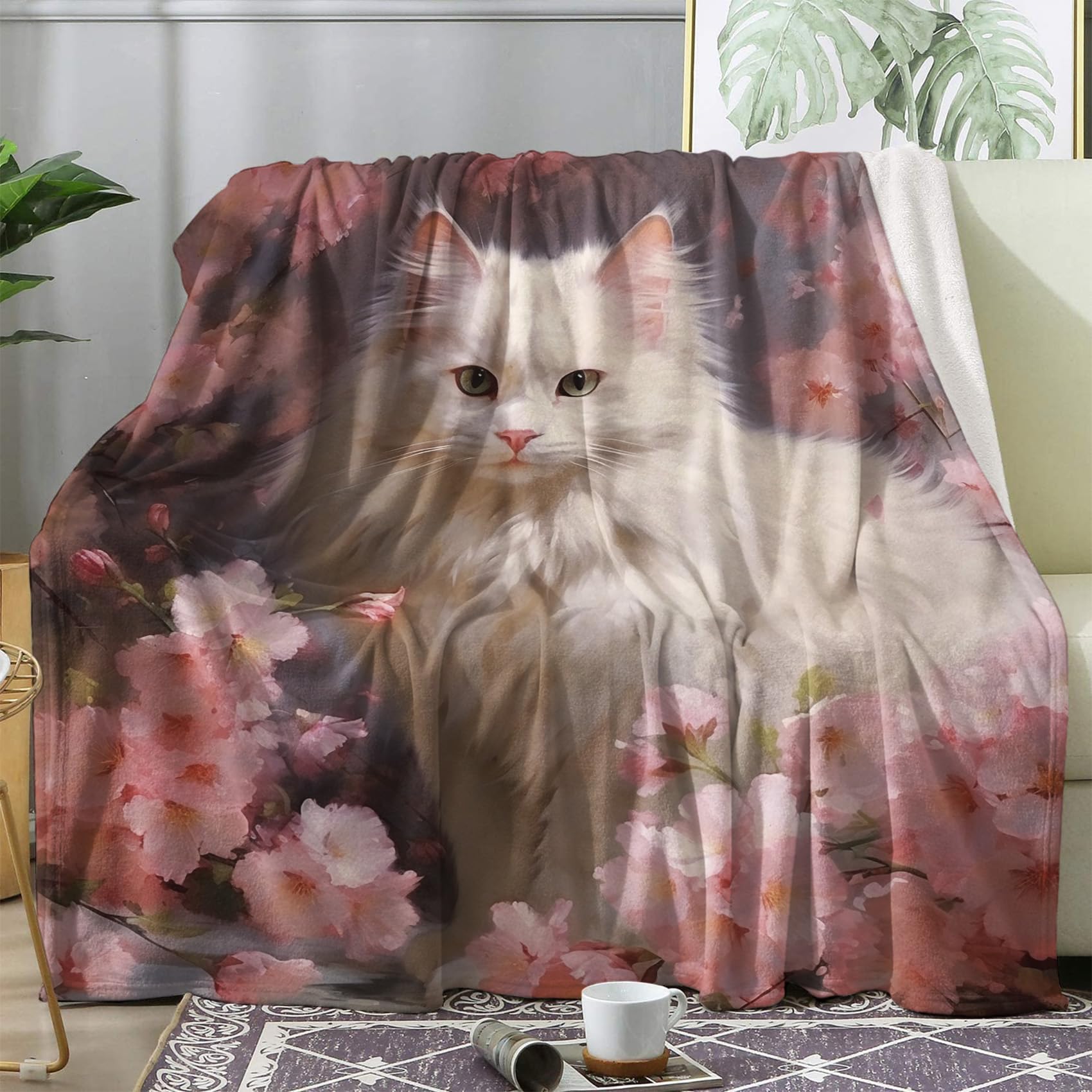 Zdabaoec Floral Cat Throw Blanket, Fleece Blanket For Bed Sofa Couch, Super Soft Fluffy Flannel Blankets And Throws, Double Size 150X200 Cm