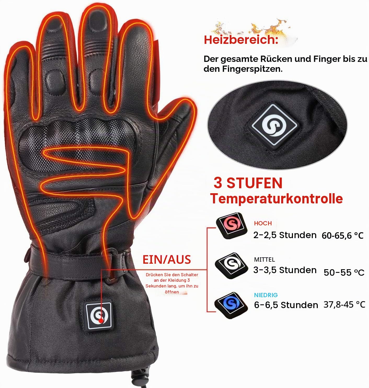 day wolf Beheizbare Motorradhandschuhe, wasserdichte und Warme Handschuhe mit CE-Zertifizierung Wiederaufladbarem Lithium Ionen Akku 7.4V 2200MAH