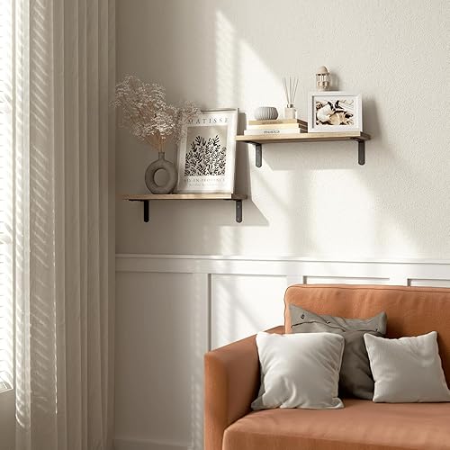 Miniatura 2 de RICHER HOUSE Juego de 2 estantes de madera rústica, estantes flotantes estilo granja para decoración de pared, estantes colgantes para baño