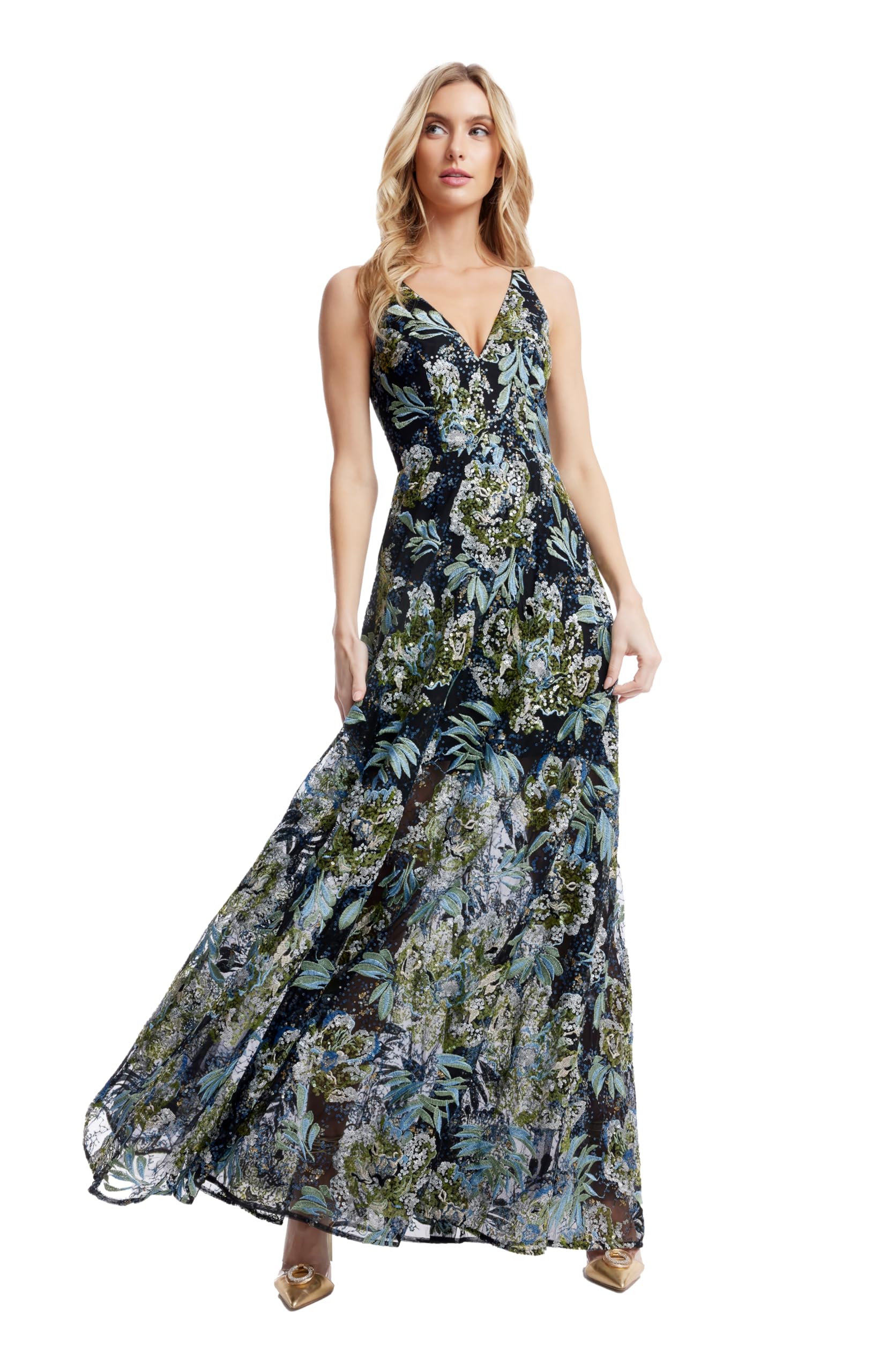 Dress The Population Women's Ariyah Fit and Flare Maxi Dress: X-Large Black Multi