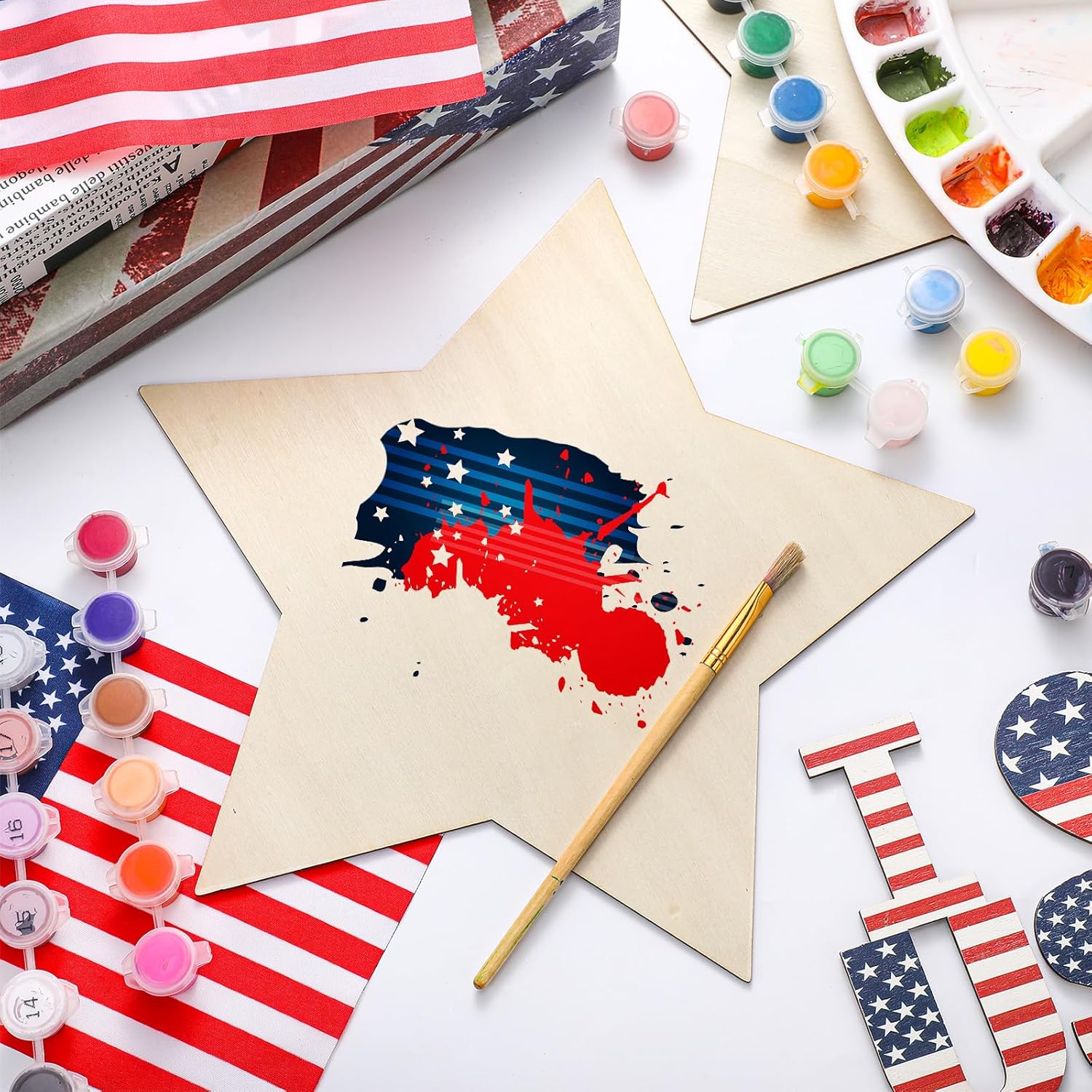 Anglechic 18 Pcs 12 Inch Wooden Star 4th of July Ornaments to Paint Wooden Stars for Crafts Unfinished DIY Blank Wood Slice for Patriotic American Flag Table Decoration