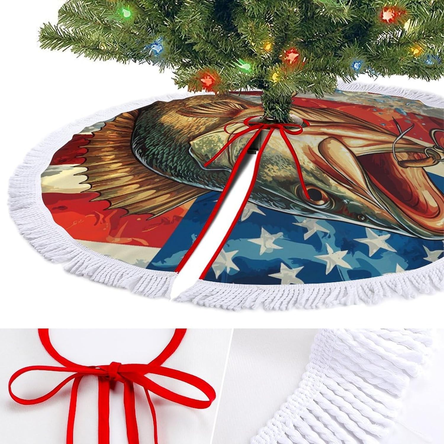 USA United States Bass Fish Christmas Tree Skirt Round Xmas Tree Mat Ornaments Tree Skirts with Tassels for Holiday Party