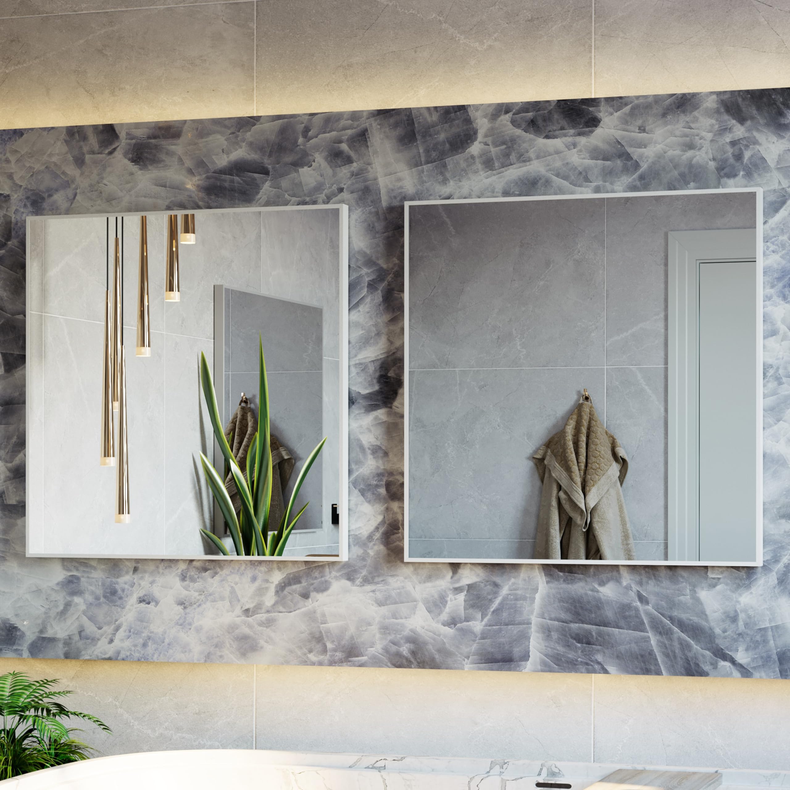 Espejo de pared - Cuadrado - Recubrimiento en polvo - Superficie de espejo lisa - Marco de aluminio Blanco 61x3x61 cm - Espejo para el dormitorio | Espejo de baño | Espejo de maquillaje - 1 pieza