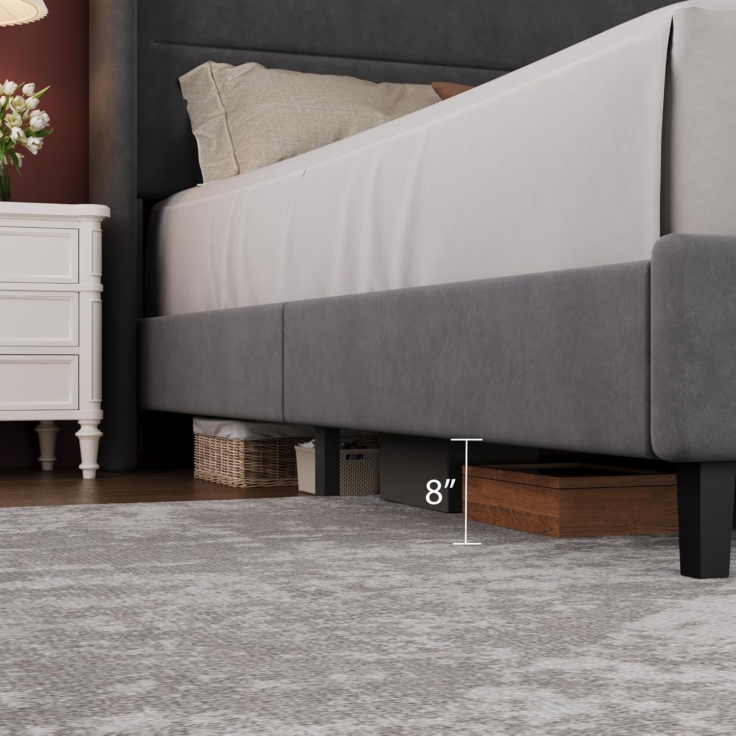 King Size Bed Frame with Wingback Headboard, Velvet Upholstered Platform Bedframe with Wood Slats, No Box Spring Needed, Easy Assembly, Grey