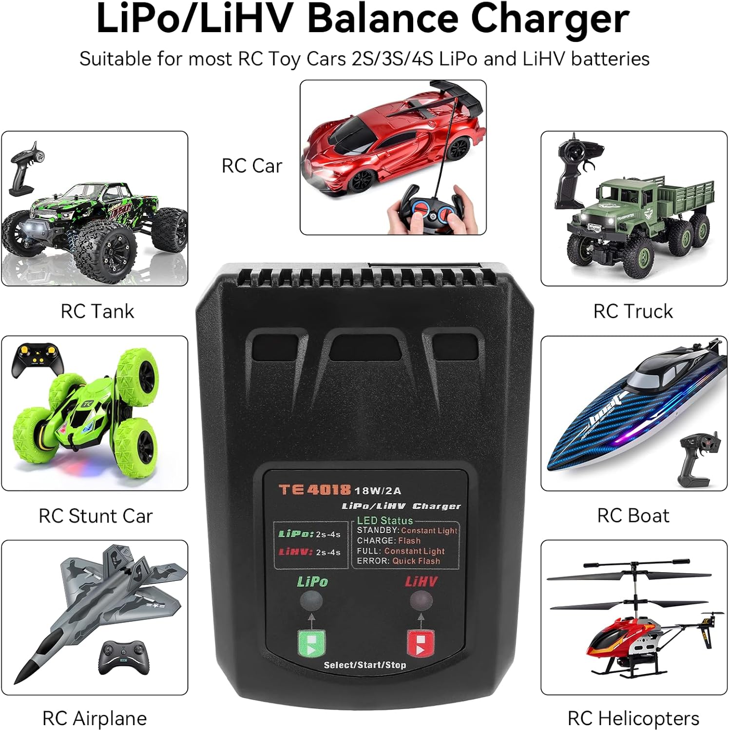 LiPo Battery Charger - 2S 3S 4S RC Car Batteries Balance Chargers 18W 2A for LiPo(7.4-14.8V) LiHV(8.7-17.4V) with XH3P XH4P XH5P Plug for RC Battery Boat Airplane Truck Quadcopter Airsoft