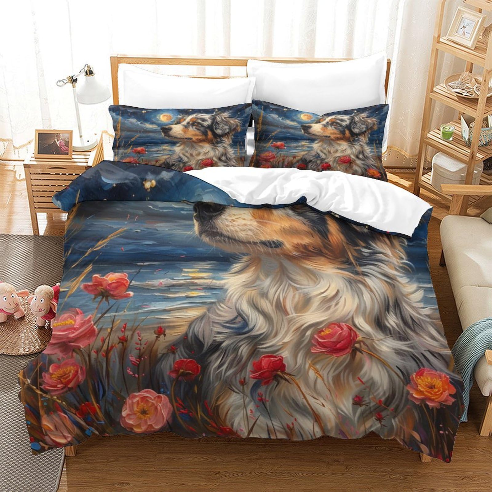 P1S9U7W5Y 3D Printed Pastoral Sheepdog Floral Duvet Cover Set 3 Pieces Microfiber Bedroom Decor Dog Bedding Set for Adults Teens Soft Breathable All Seasons Double（200x200cm）