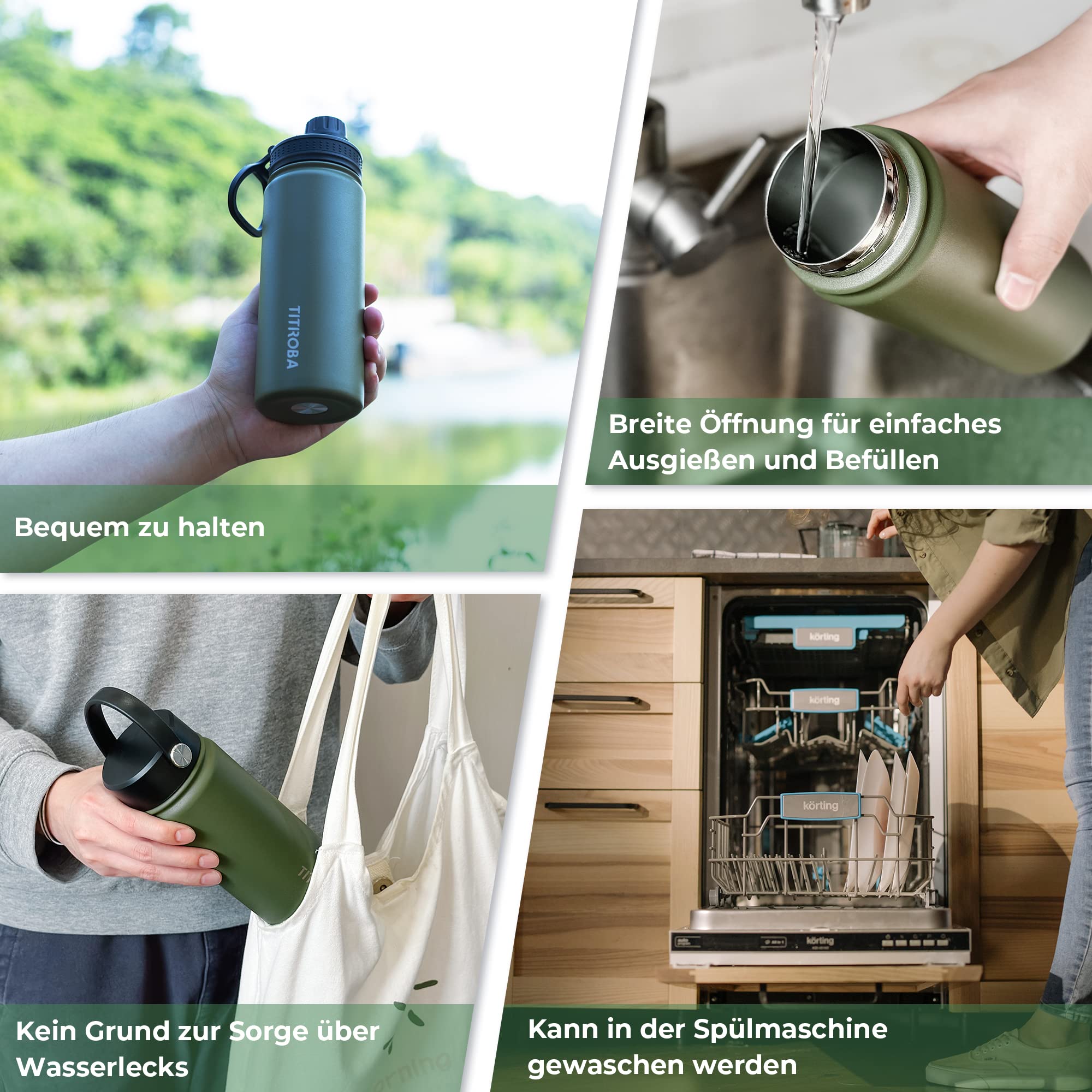 TITIROBA Borraccia Termica Acciaio Inox 600/1000ml – Thermos A Prova Di Perdite, 24h Freddo, 12h Caldo, Per Sport E Scuola, Grigio