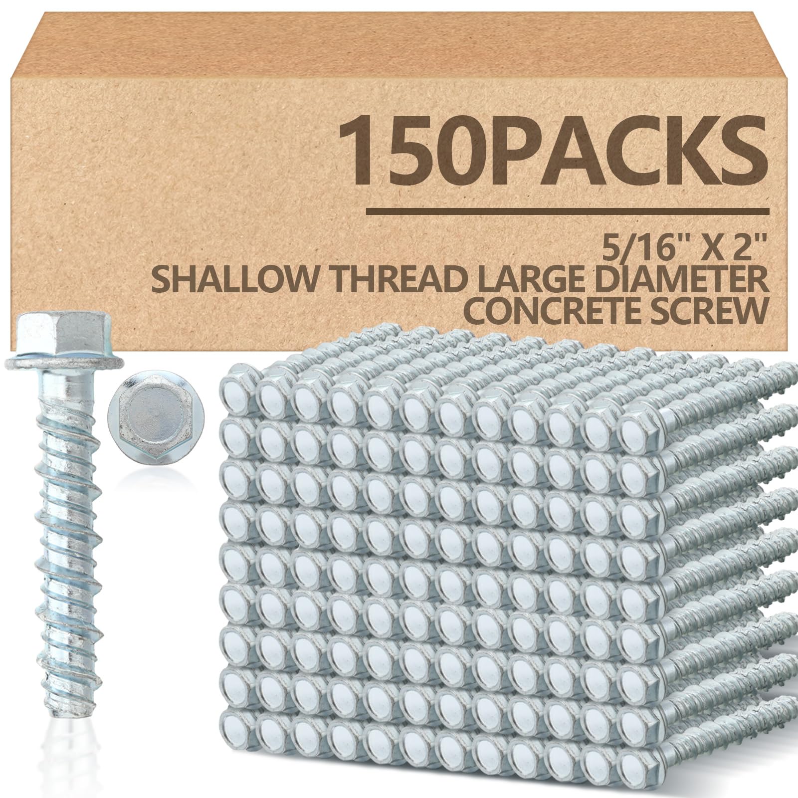 Tandefio Paquete de 150 tornillos de hormigón galvanizados de 0.3 x 2 pulgadas, tornillos de anclaje de gran diámetro, tornillos de anclaje para hormigón, tornillo de mampostería para anclaje a