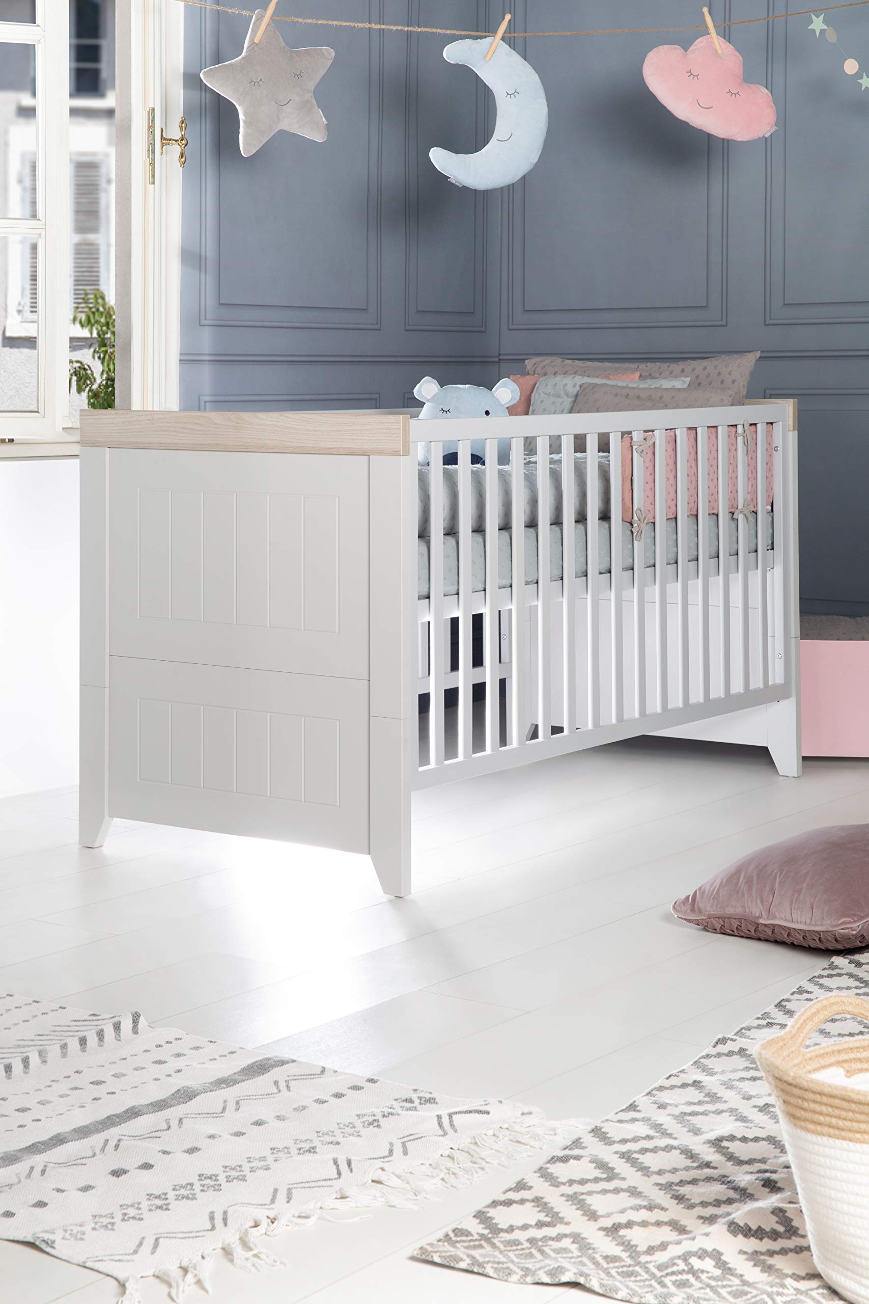 roba Lit Bébé Évolutif en Bois "Helene" - 70x140 cm - Hauteur Réglable - 3 Barreaux Amovibles - Gris clair/Décor Bois