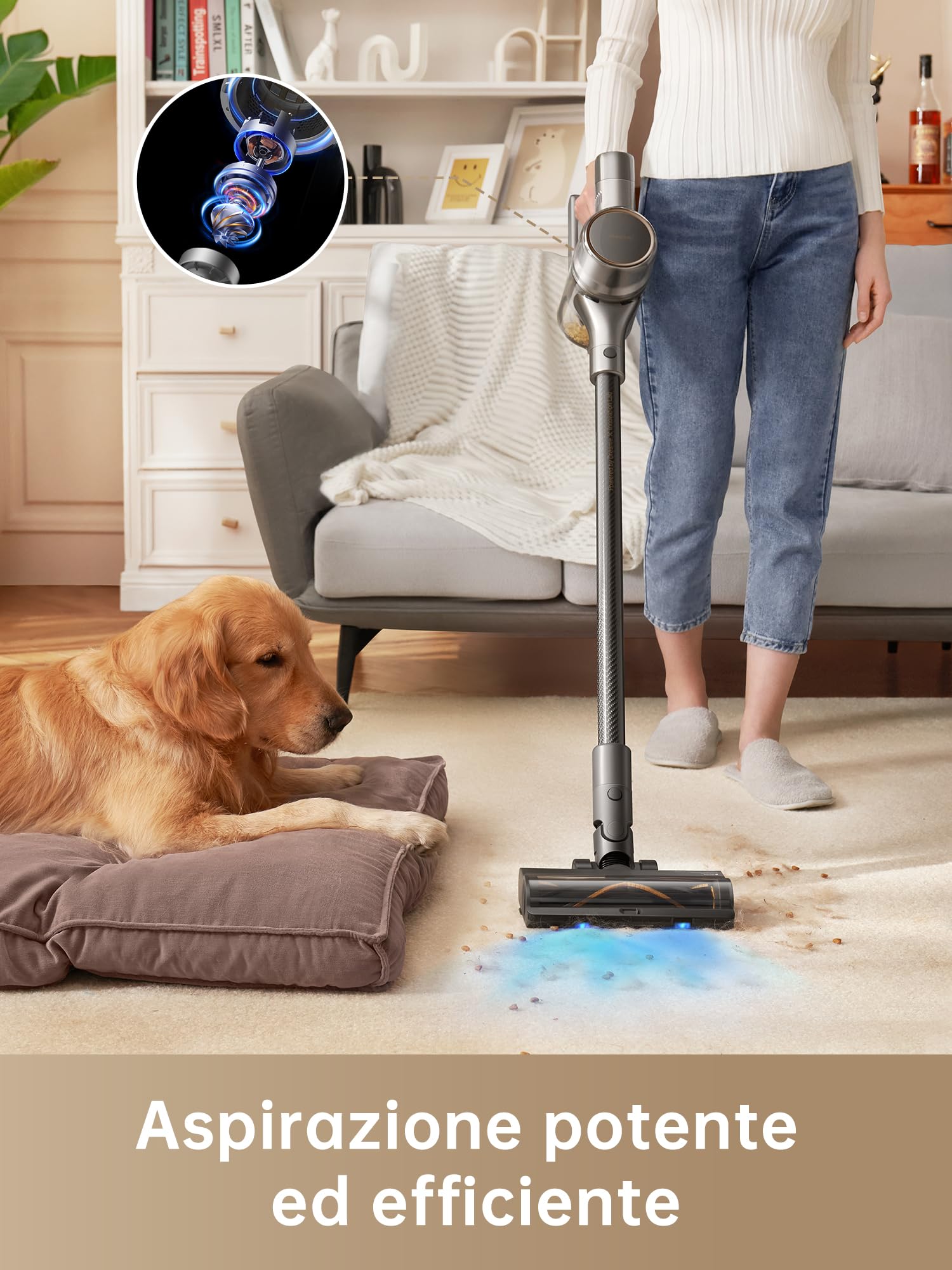 DREAME R20 Aspirapolvere senza fili, Aspirazione Potente 190AW, Autonomia 90min, Individuazione Sporco, Schermo LED, Luci LED Blu, Anti-Groviglio, Pulizia Casa, Peli di Animali Domestici, Tappeti